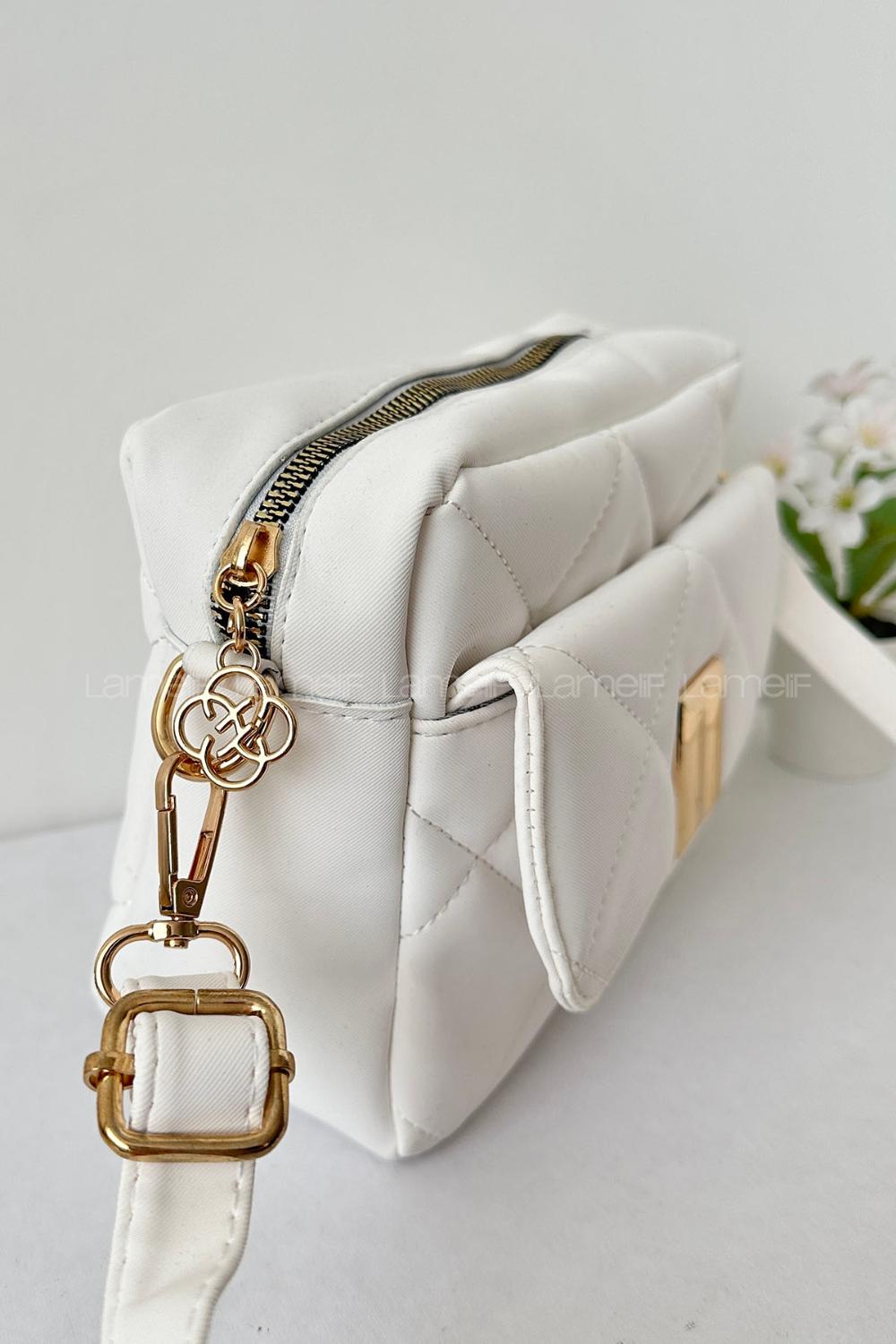 Lamelif Kapak Kilitli Vintage Çapraz Çanta Beyaz