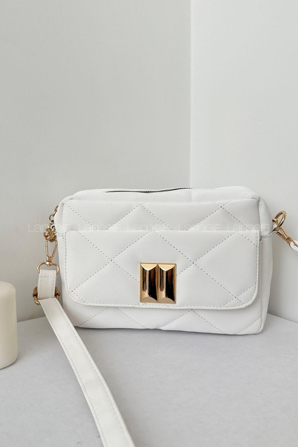 Lamelif Kapak Kilitli Vintage Çapraz Çanta Beyaz