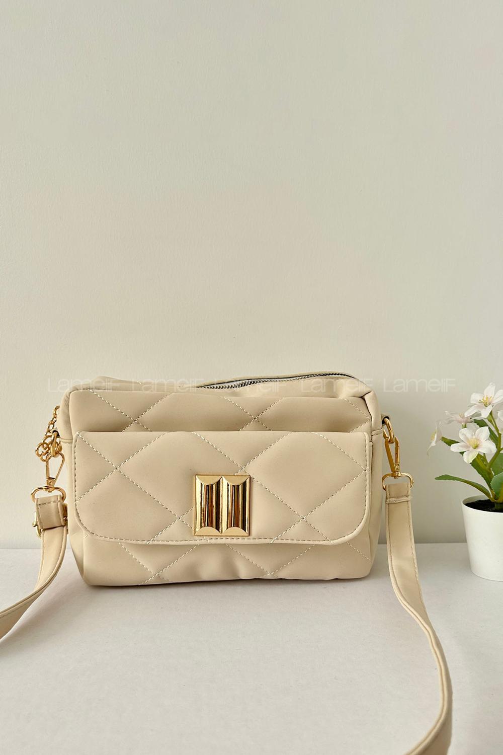 Lamelif Kapak Kilitli Vintage Çapraz Çanta Krem