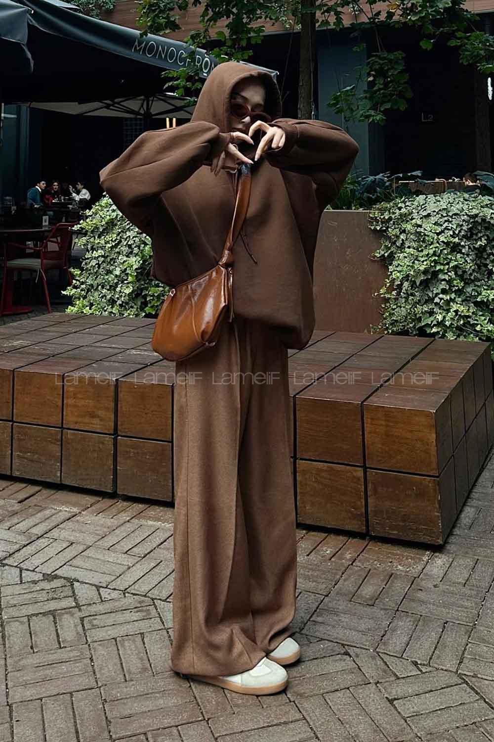 Lamelif Kapşonlu Oversize Yan Cepli Sweat Acı Kahve