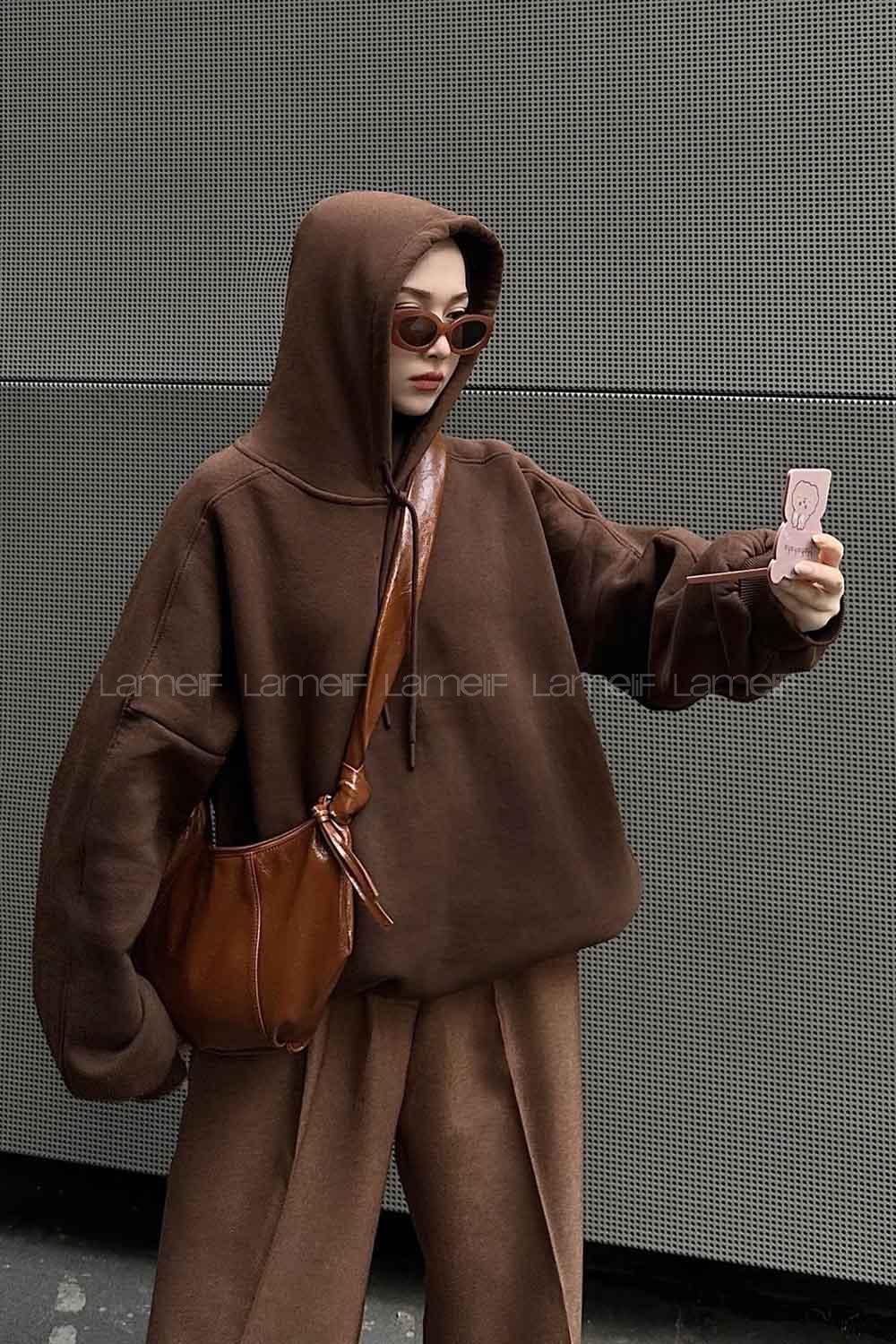 Lamelif Kapşonlu Oversize Yan Cepli Sweat Acı Kahve