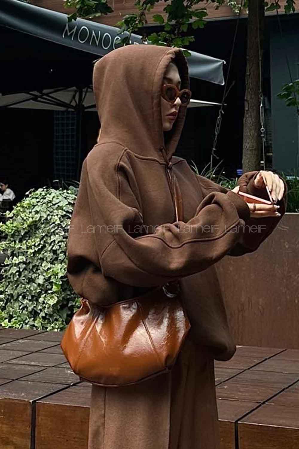 Lamelif Kapşonlu Oversize Yan Cepli Sweat Acı Kahve