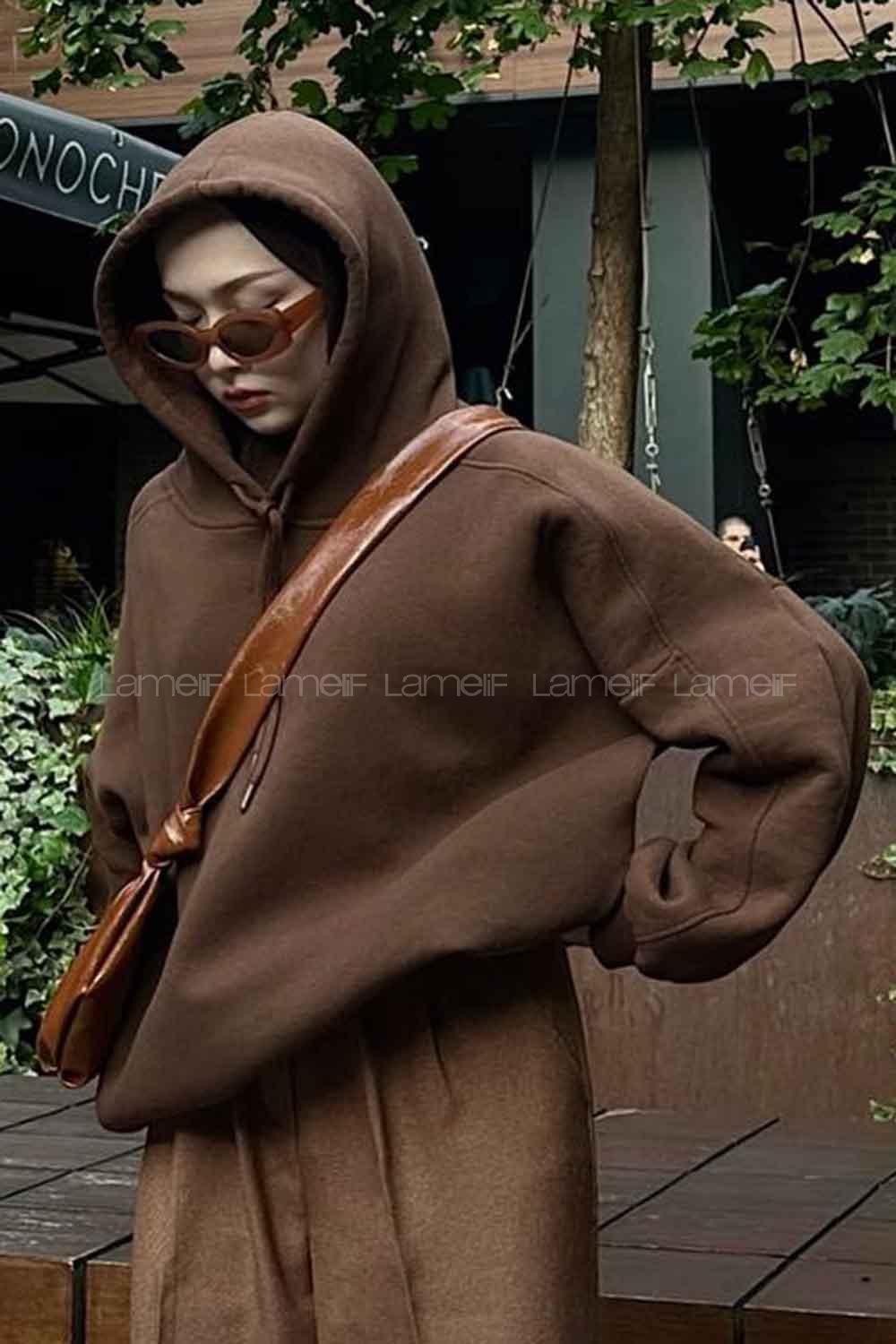 Lamelif Kapşonlu Oversize Yan Cepli Sweat Acı Kahve