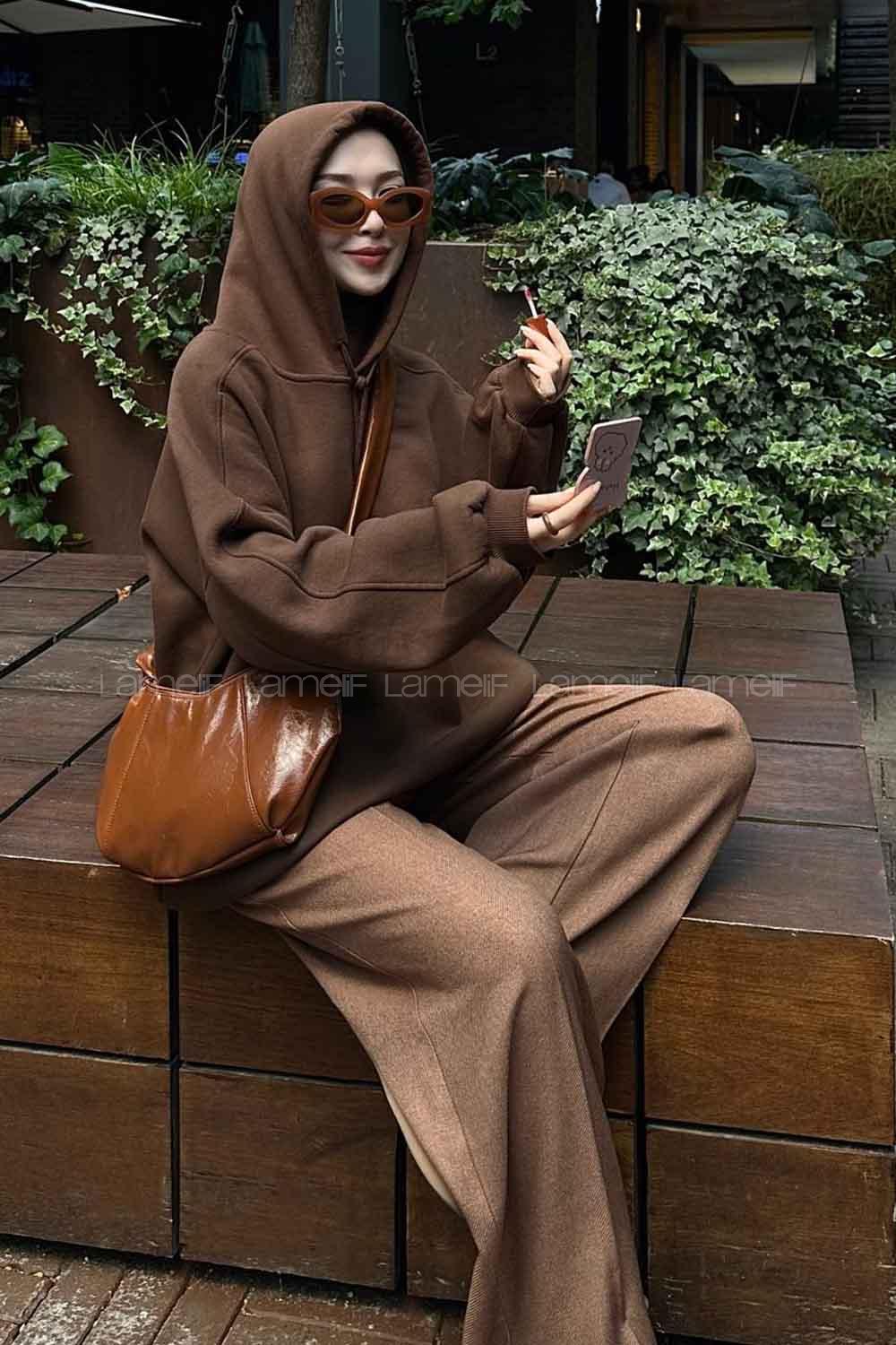 Lamelif Kapşonlu Oversize Yan Cepli Sweat Acı Kahve