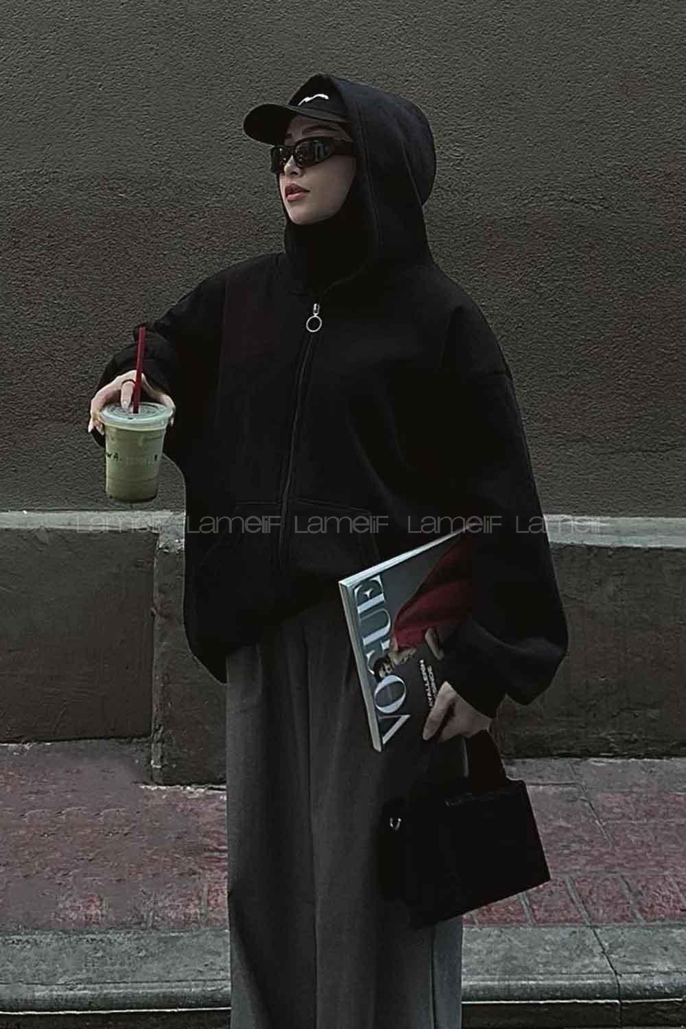 Lamelif Ön Fermuarlı Düz Sweatshirt Siyah