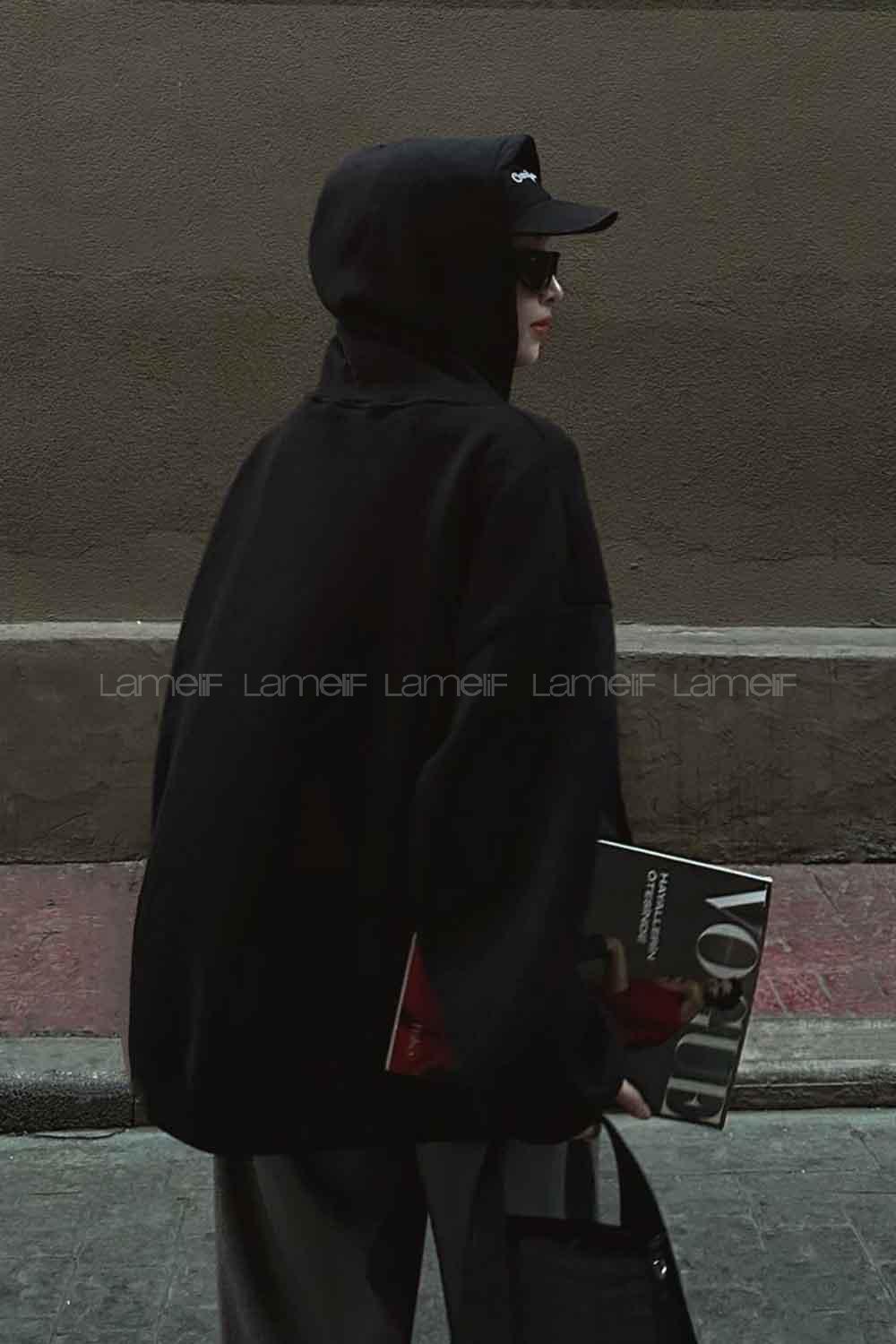 Lamelif Ön Fermuarlı Düz Sweatshirt Siyah