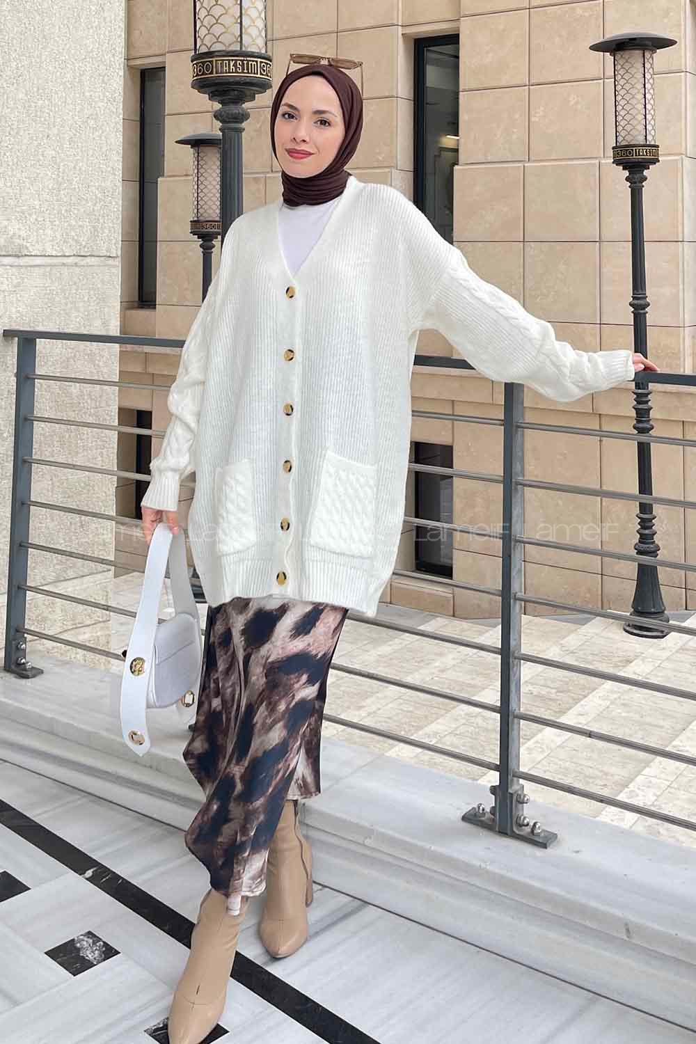 Lamelif Kol Örgü Detaylı Hırka Ekru