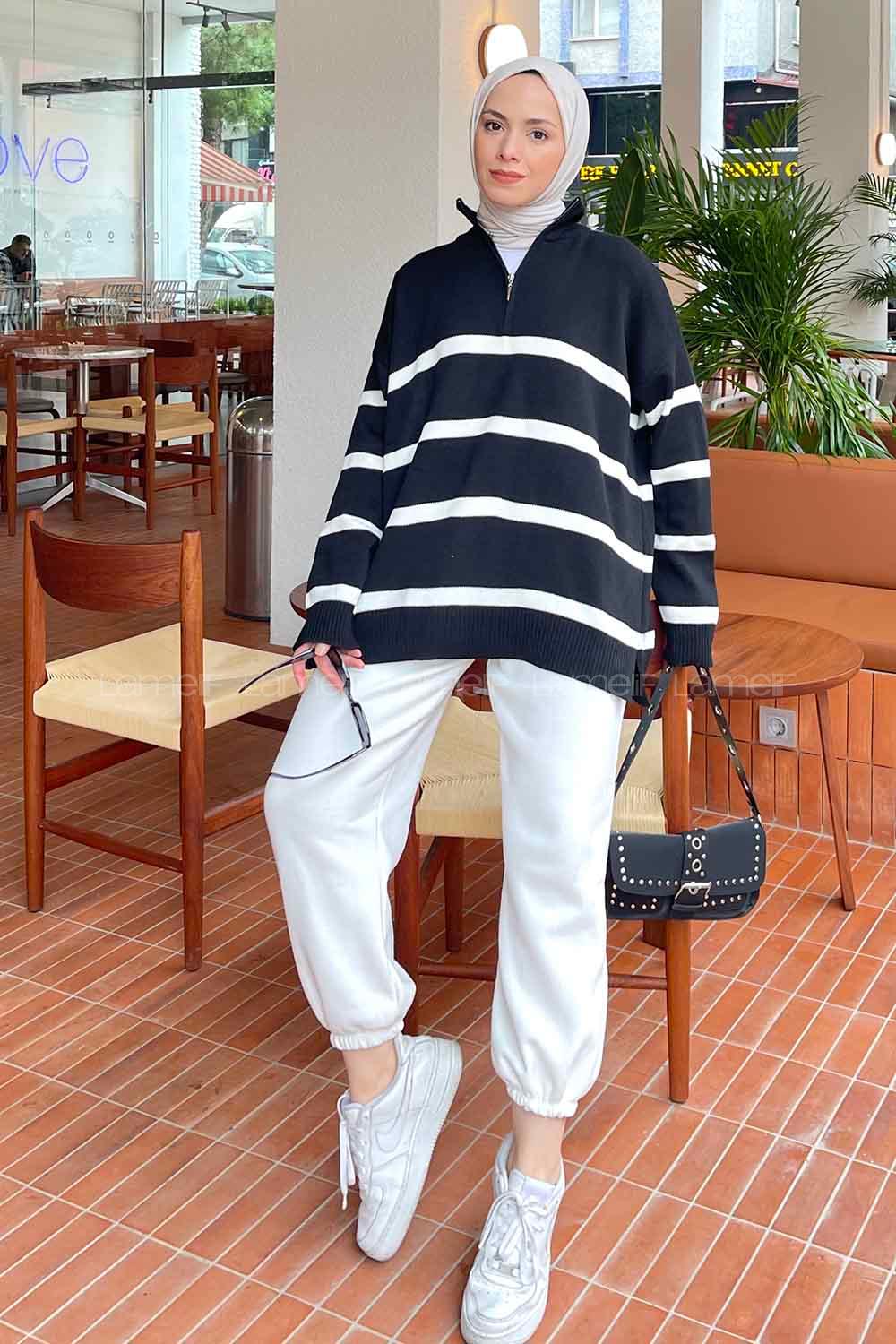 Lamelif Sebastian Fermuarlı Çizgili Kazak Siyah