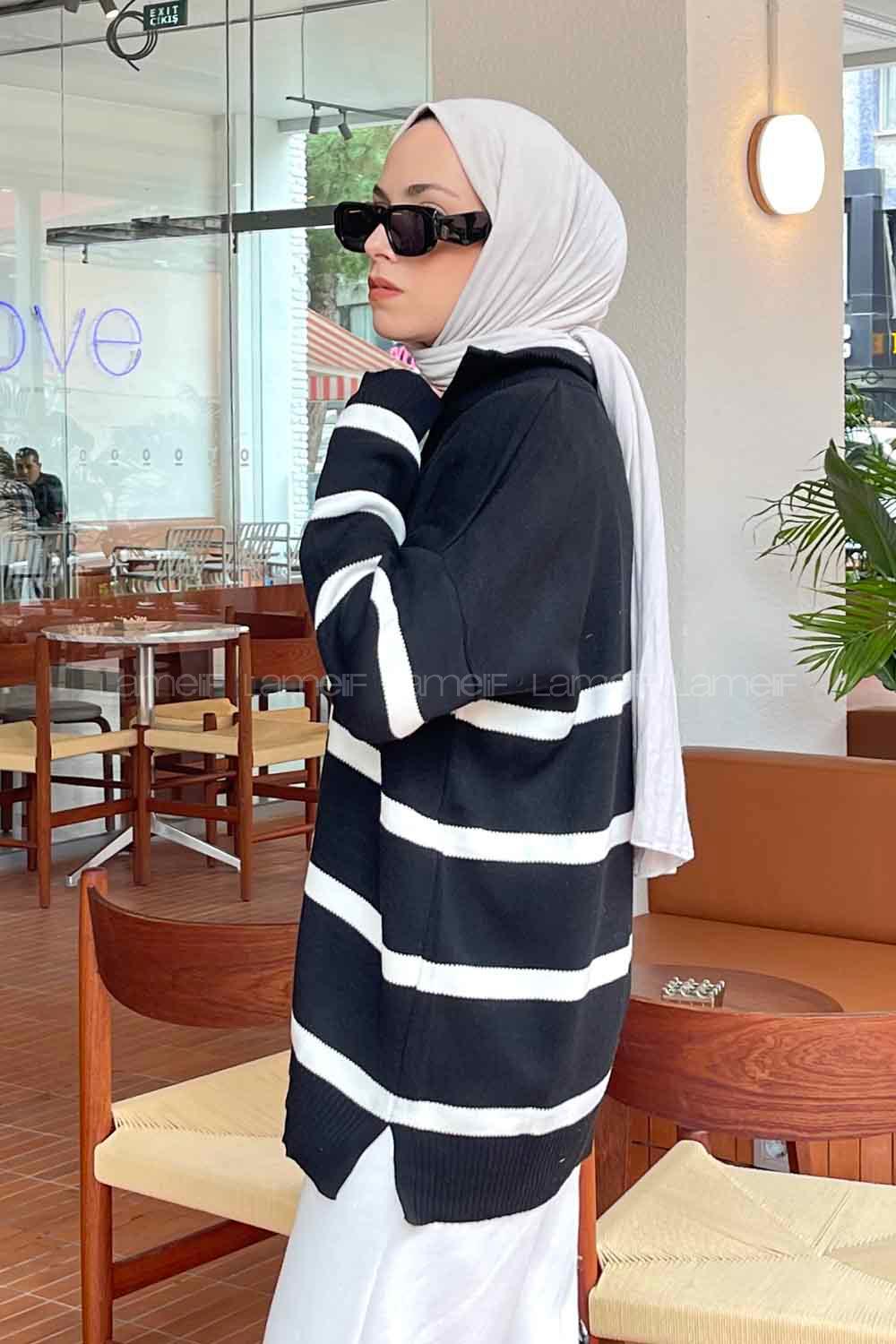 Lamelif Sebastian Fermuarlı Çizgili Kazak Siyah