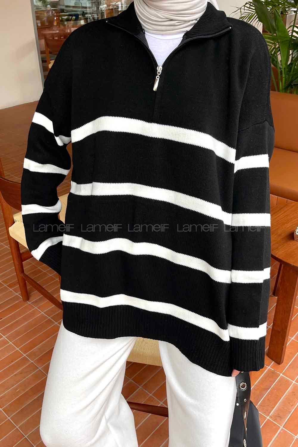 Lamelif Sebastian Fermuarlı Çizgili Kazak Siyah