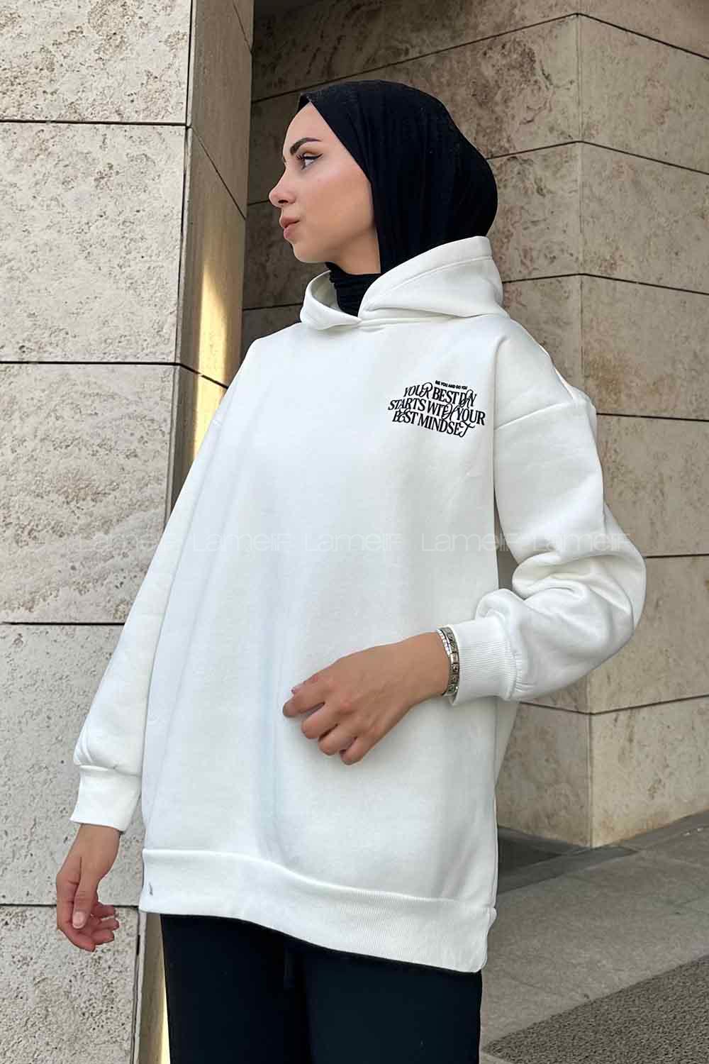 Lamelif Arka Ve Yaka Baskı Detaylı Sweatshirt Ekru