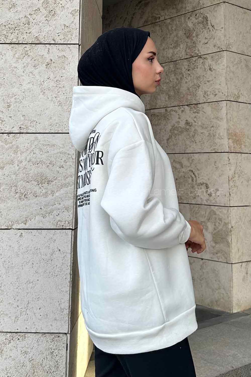 Lamelif Arka Ve Yaka Baskı Detaylı Sweatshirt Ekru