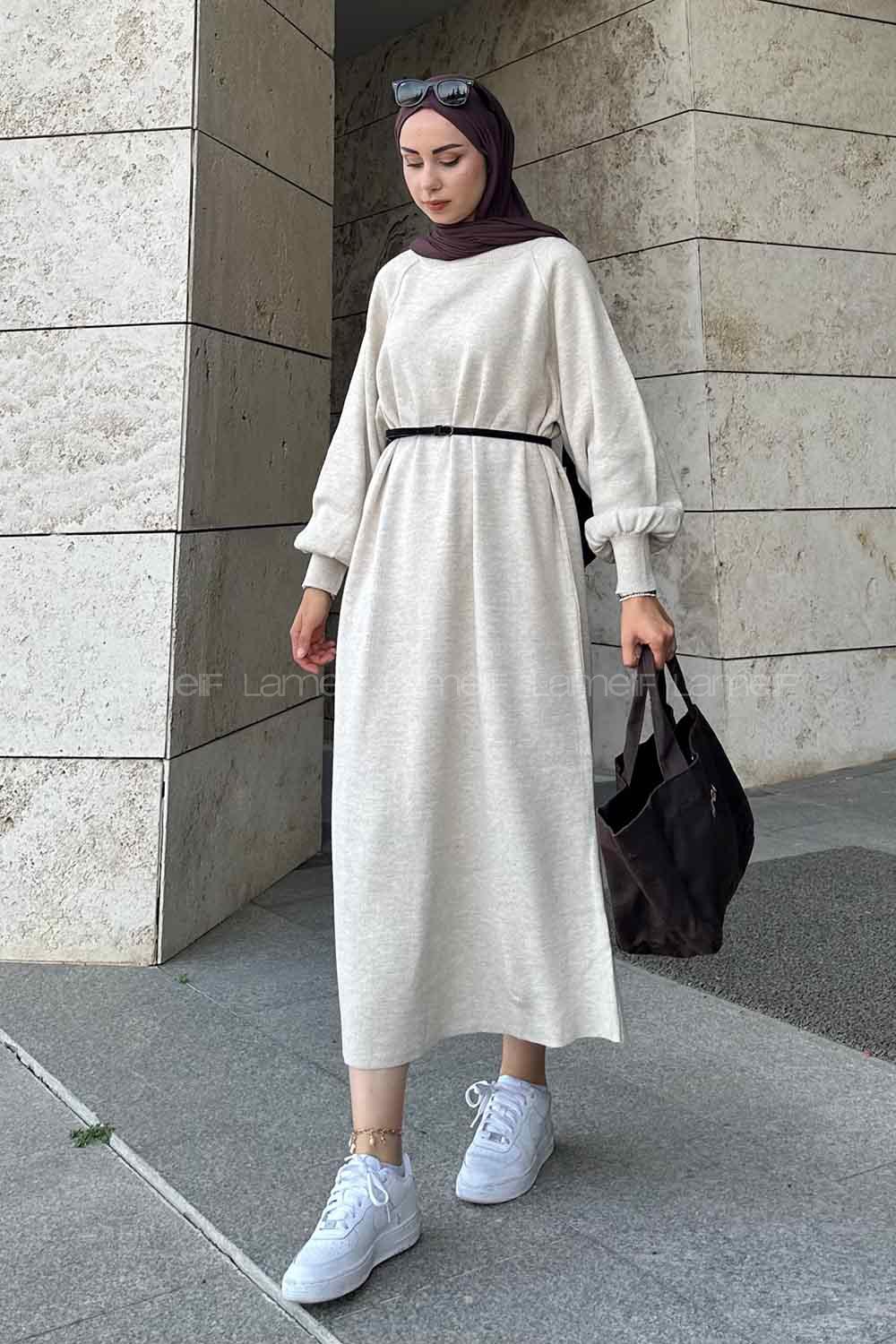 Lamelif Balon Kol Triko Tesettür Elbise  Bej