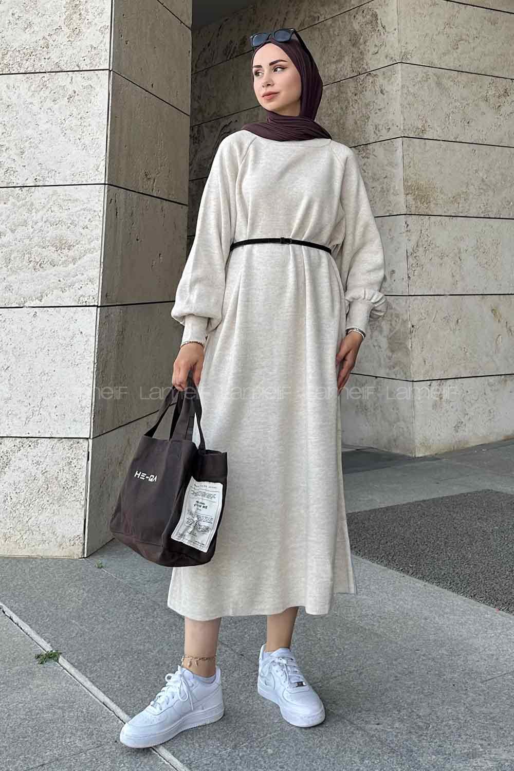 Lamelif Balon Kol Triko Tesettür Elbise  Bej