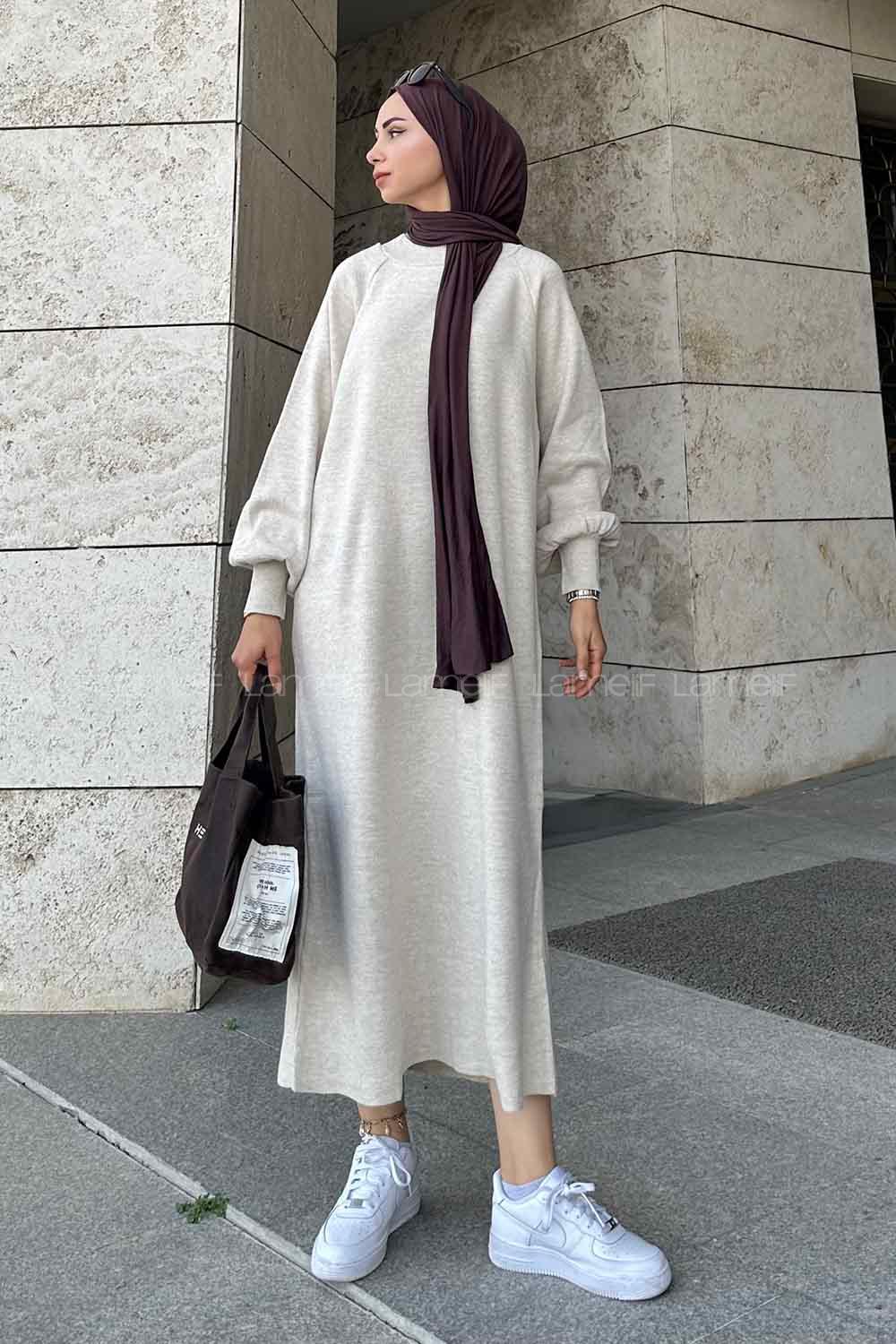 Lamelif Balon Kol Triko Tesettür Elbise  Bej