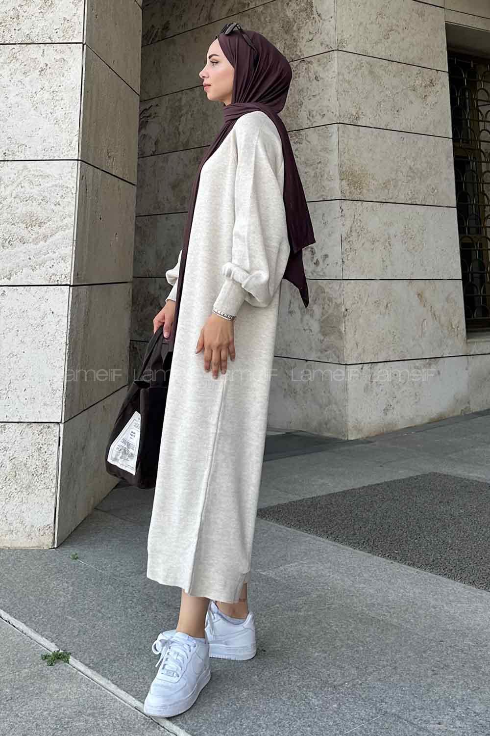 Lamelif Balon Kol Triko Tesettür Elbise  Bej