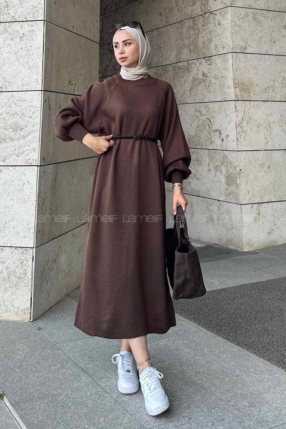 Lamelif Balon Kol Triko Elbise Acı Kahve