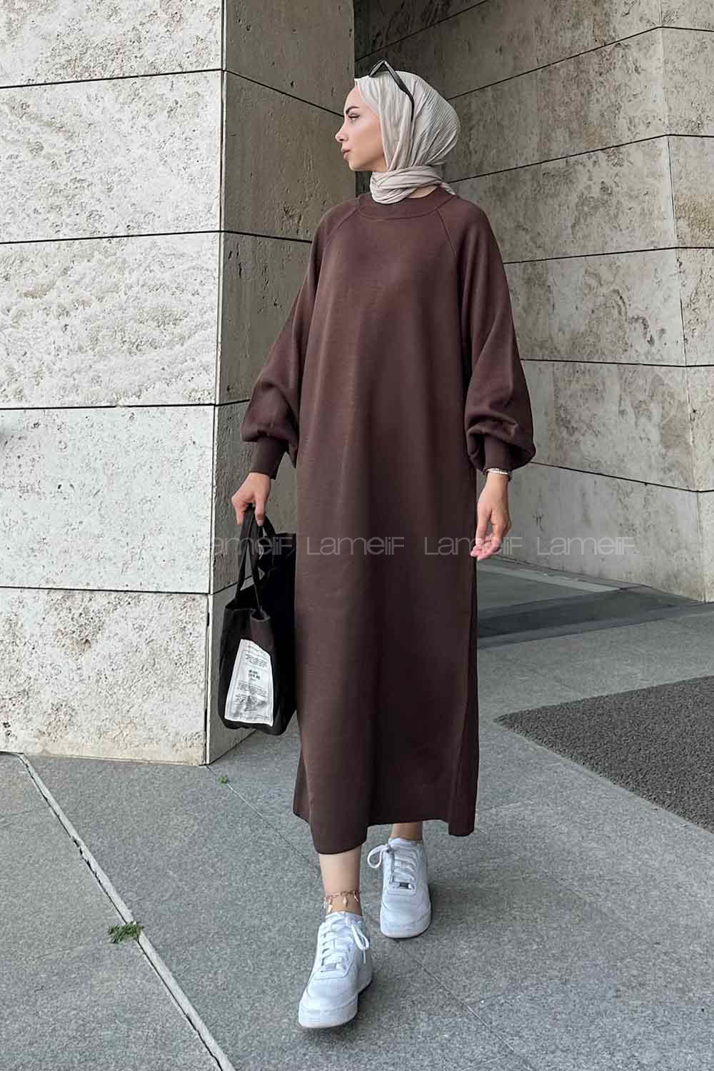 Lamelif Balon Kol Triko Elbise Acı Kahve