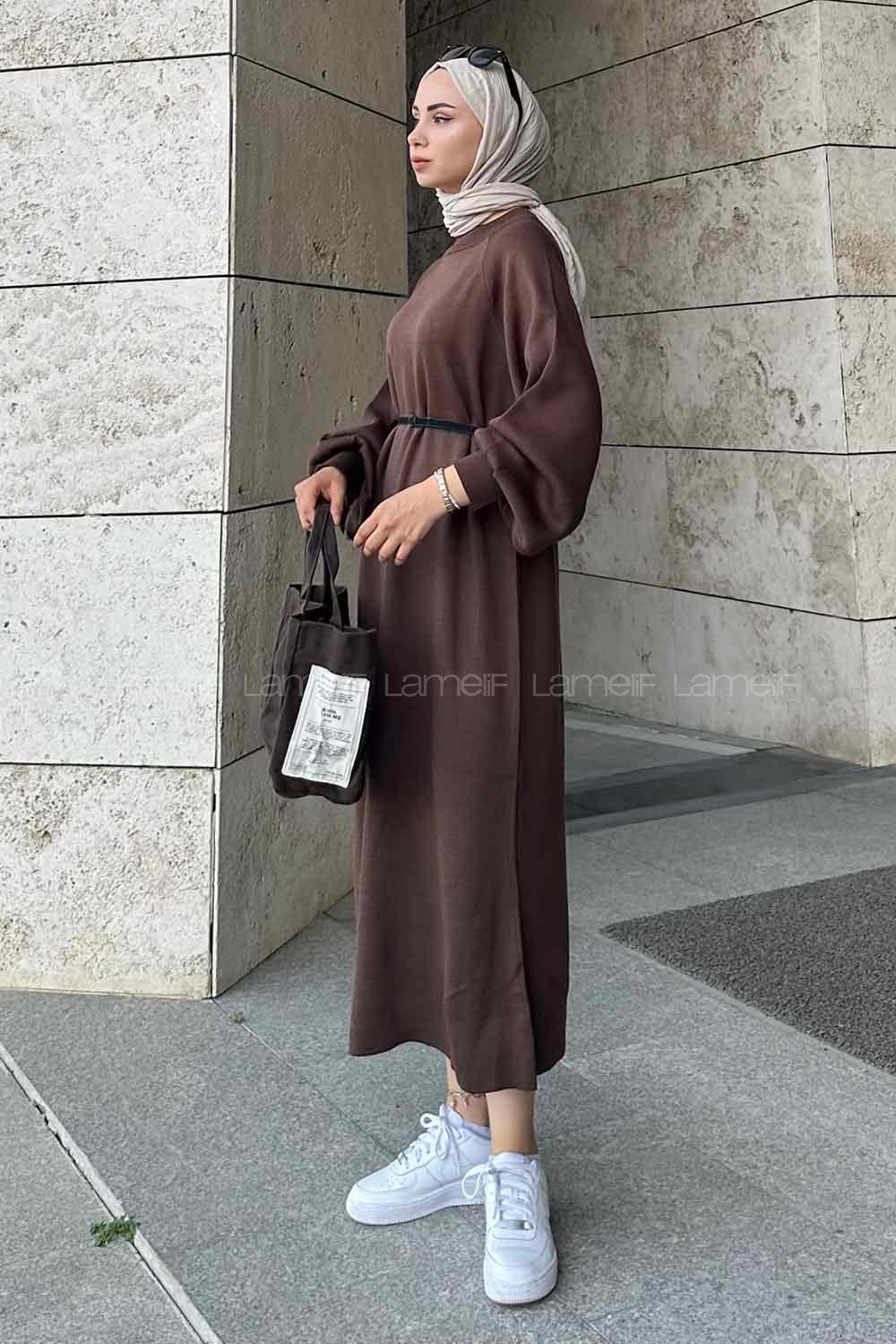 Lamelif Balon Kol Triko Elbise Acı Kahve