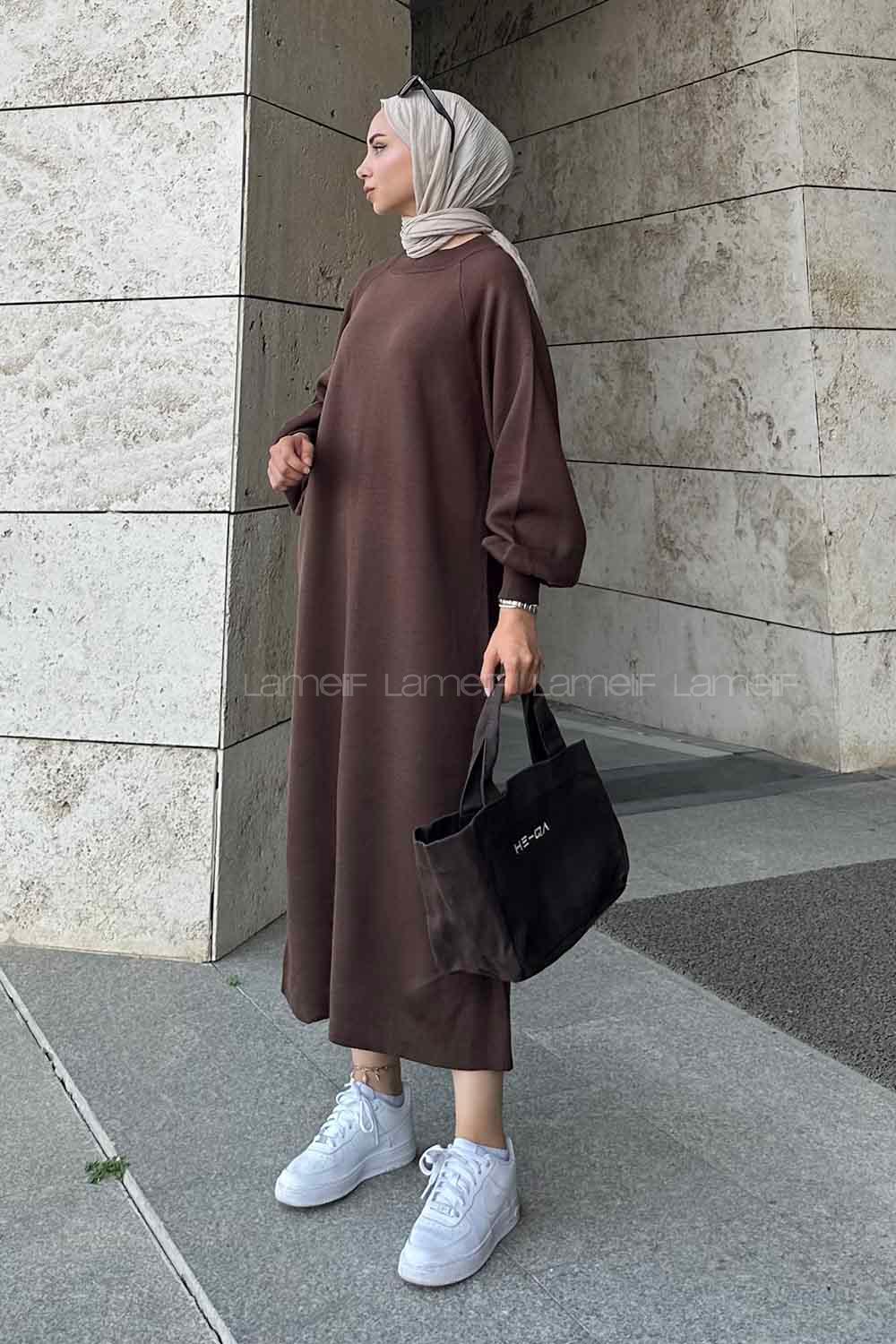 Lamelif Balon Kol Triko Elbise Acı Kahve