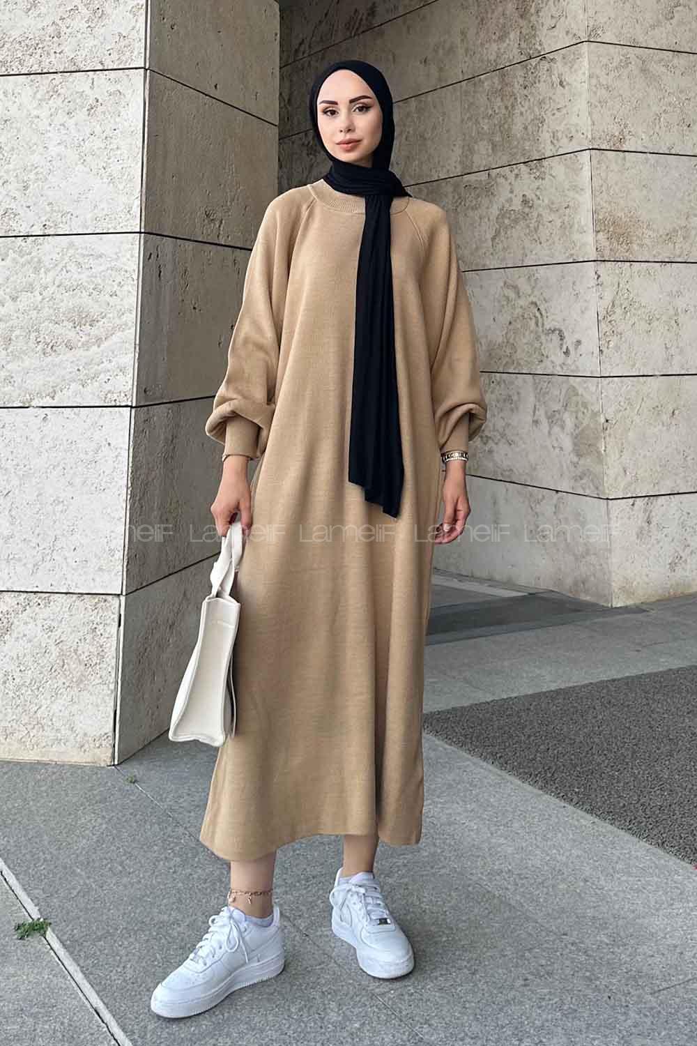 Lamelif Balon Kol Triko Tesettür Elbise Sütlü Kahve