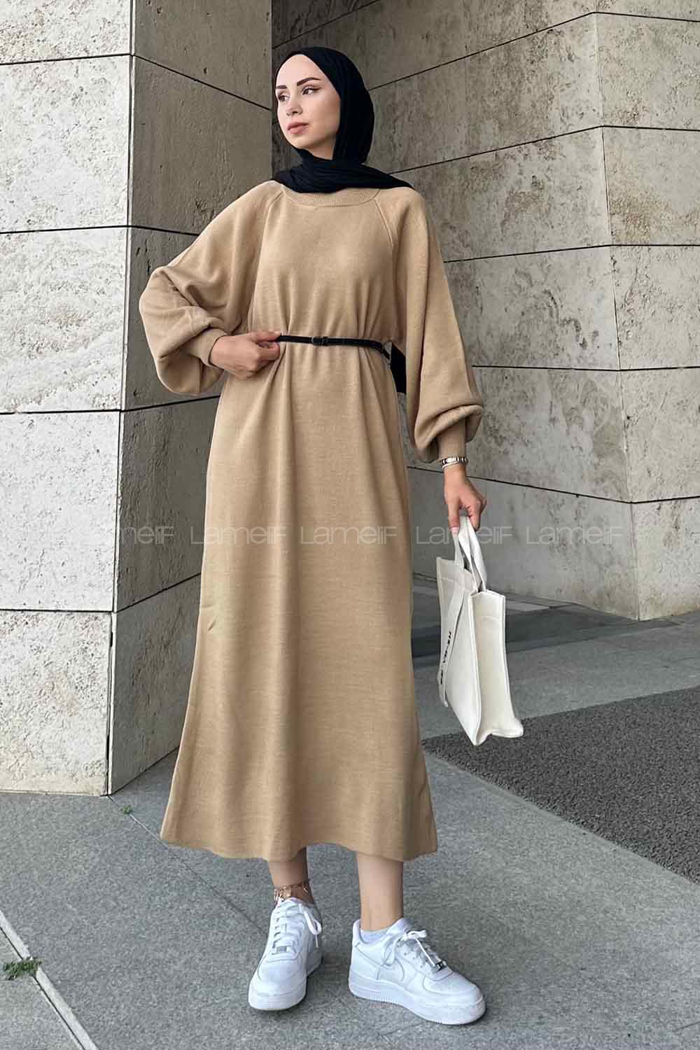 Lamelif Balon Kol Triko Tesettür Elbise Sütlü Kahve