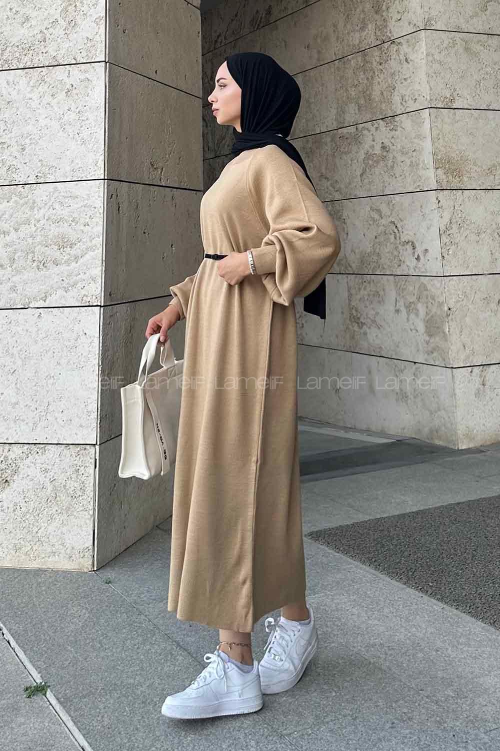 Lamelif Balon Kol Triko Tesettür Elbise Sütlü Kahve