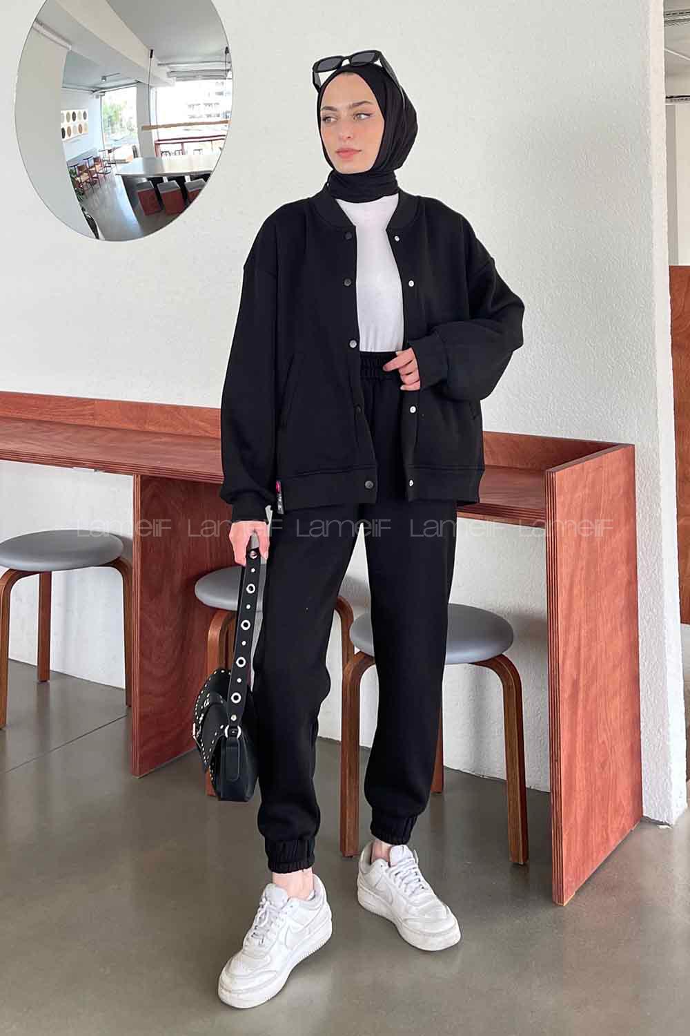 Black Polo Neck Collar Long Arm Cotton Fabric Elastic Trousers Comfortable Suit