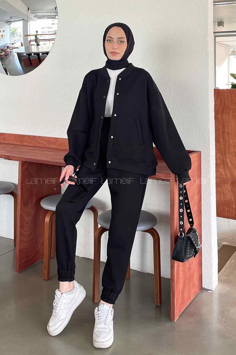 Black Polo Neck Collar Long Arm Cotton Fabric Elastic Trousers Comfortable Suit