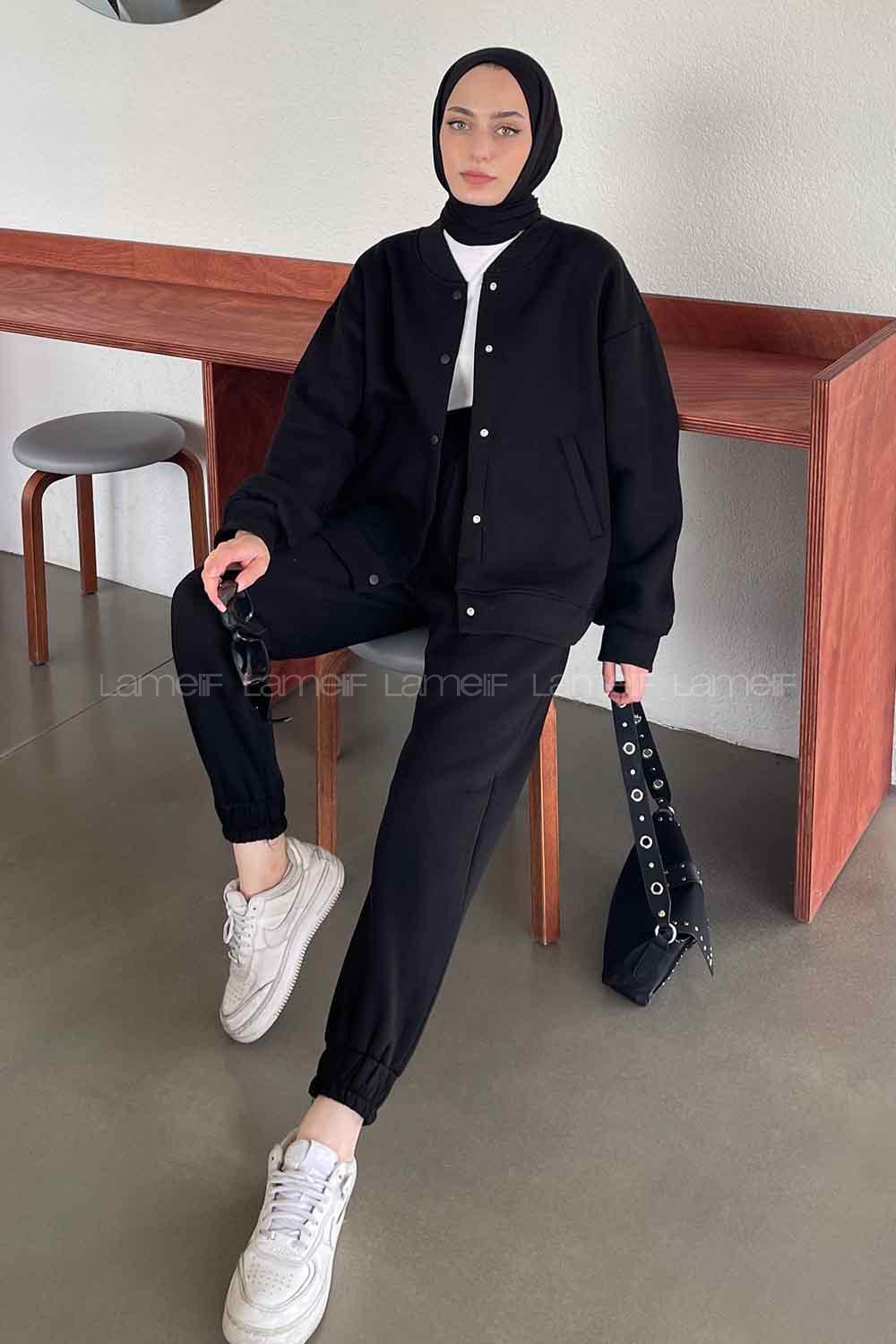 Black Polo Neck Collar Long Arm Cotton Fabric Elastic Trousers Comfortable Suit