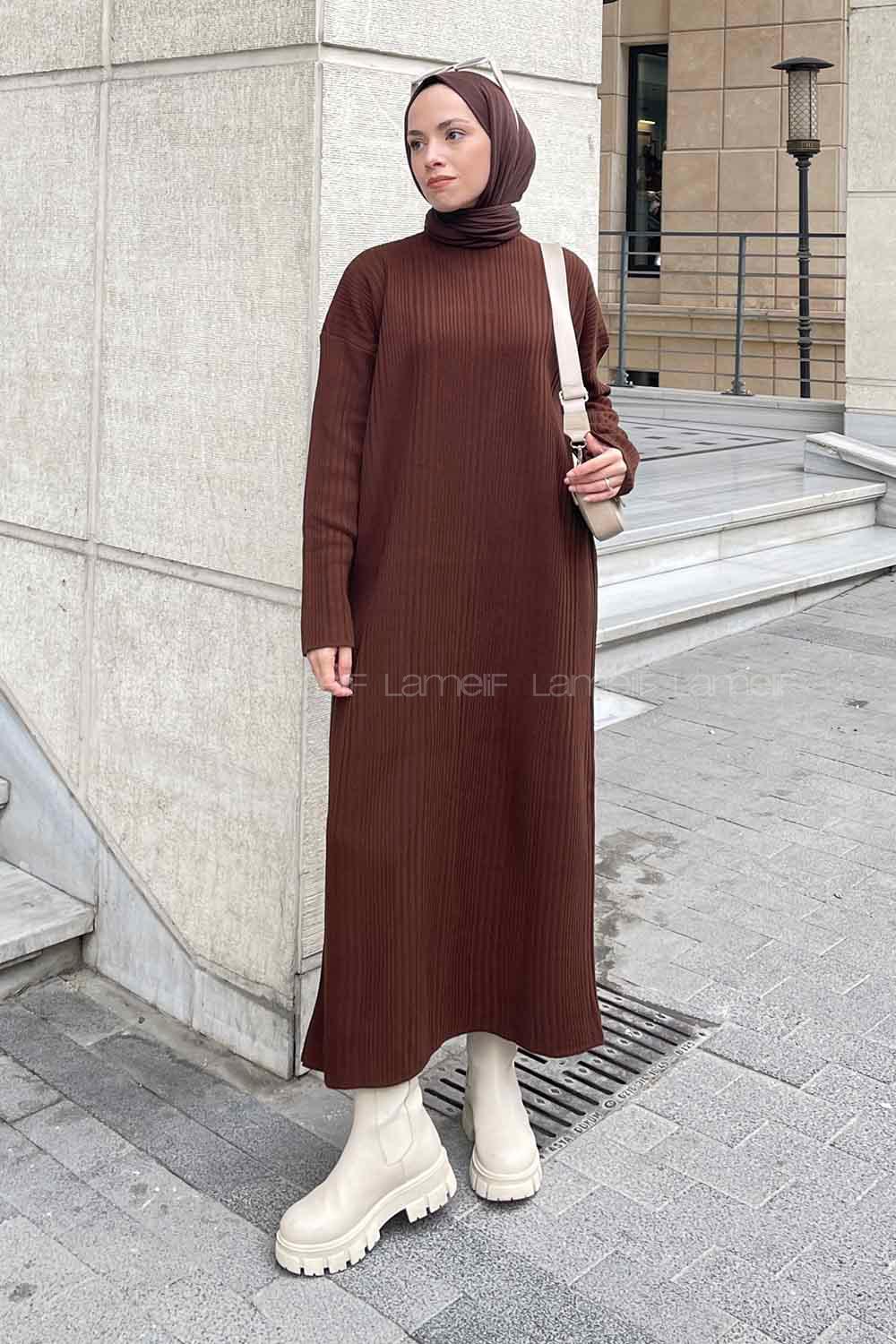 Lamelif Fitilli Triko Uzun Tesettür Elbise Acı Kahve