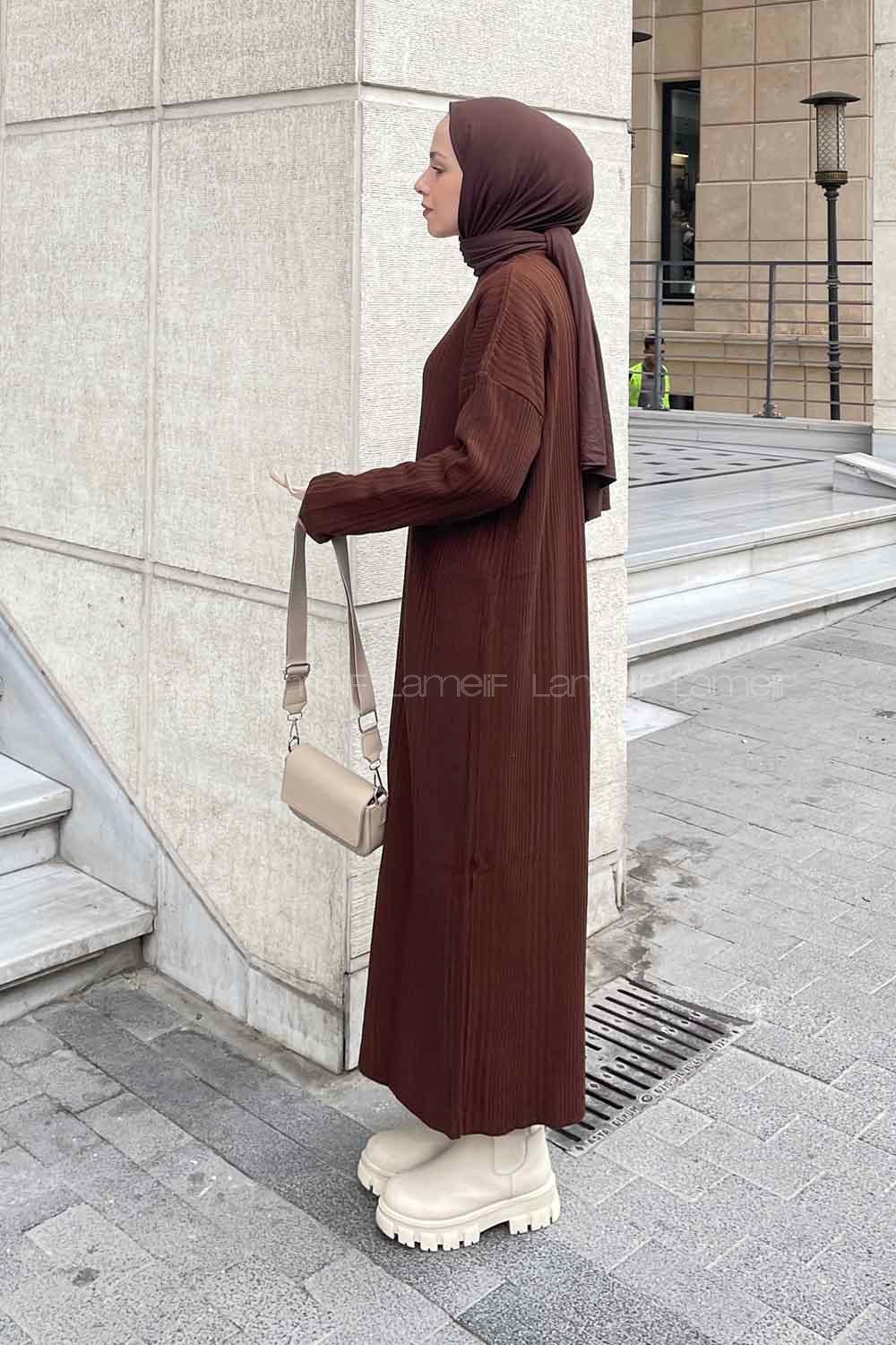 Lamelif Fitilli Triko Uzun Tesettür Elbise Acı Kahve