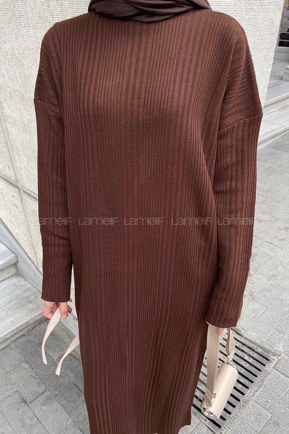 Lamelif Fitilli Triko Uzun Tesettür Elbise Acı Kahve
