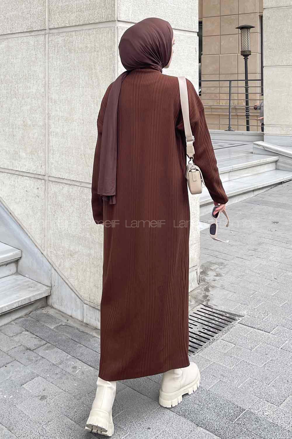 Lamelif Fitilli Triko Uzun Tesettür Elbise Acı Kahve