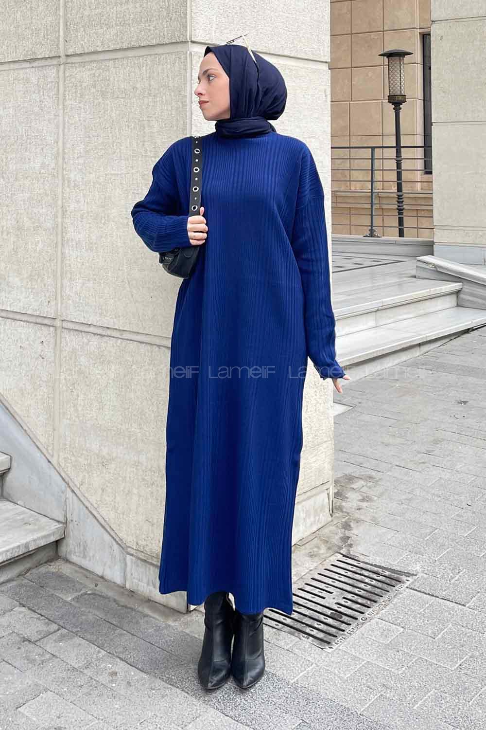 Lamelif Fitilli Triko Uzun Elbise Lacivert
