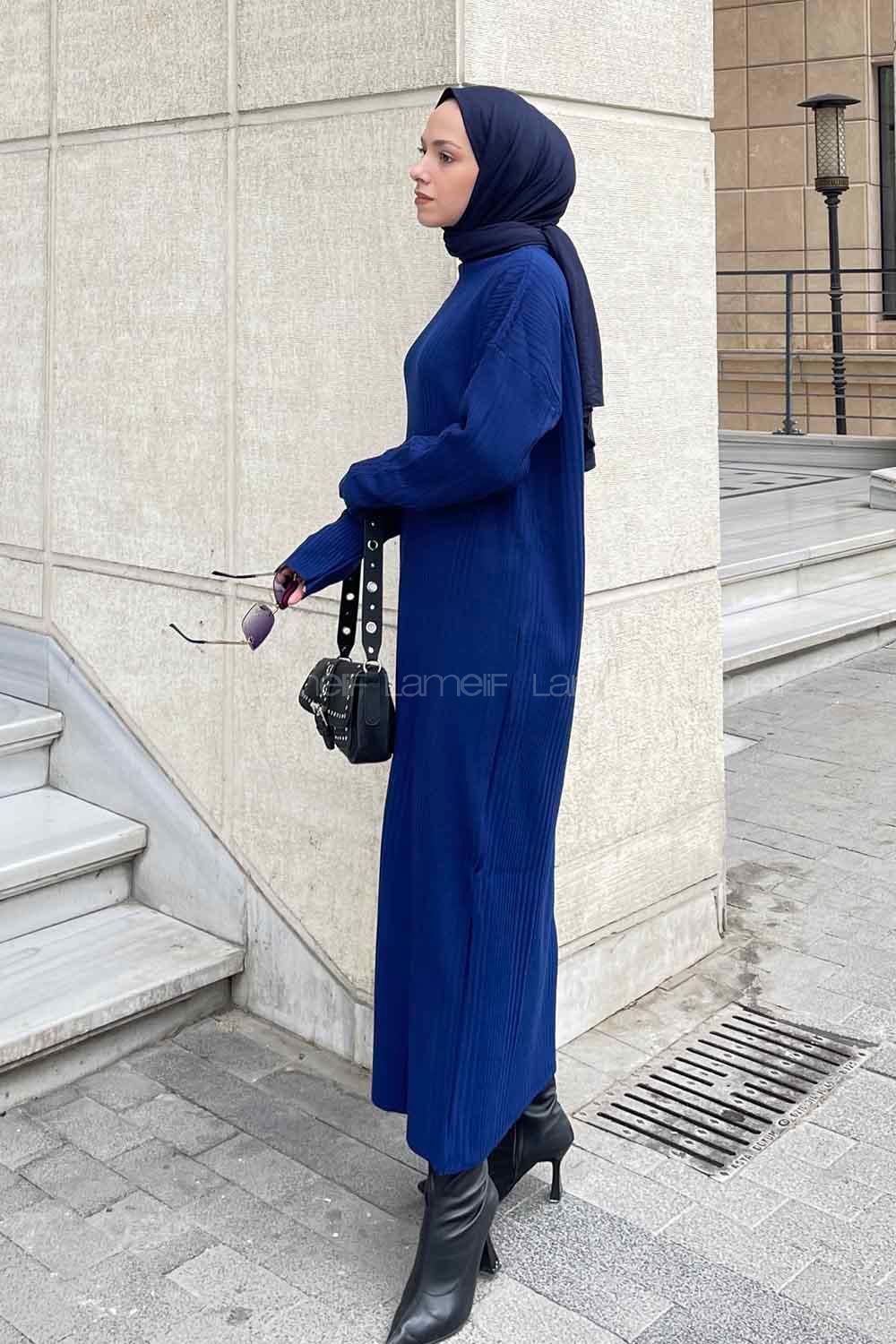 Lamelif Fitilli Triko Uzun Elbise Lacivert