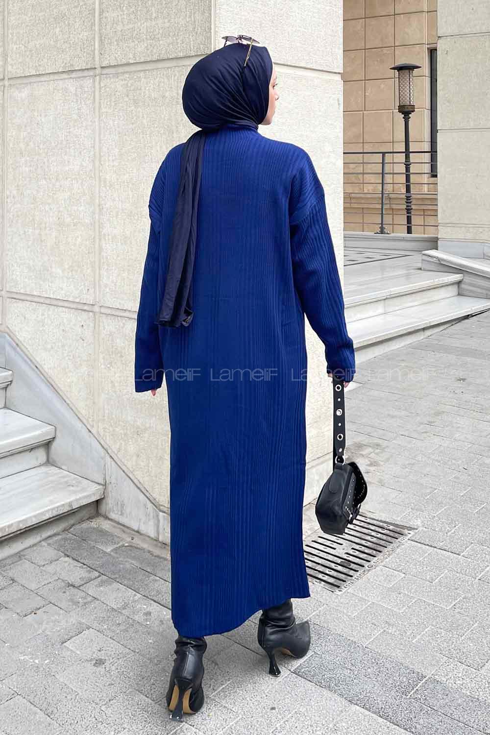 Lamelif Fitilli Triko Uzun Elbise Lacivert