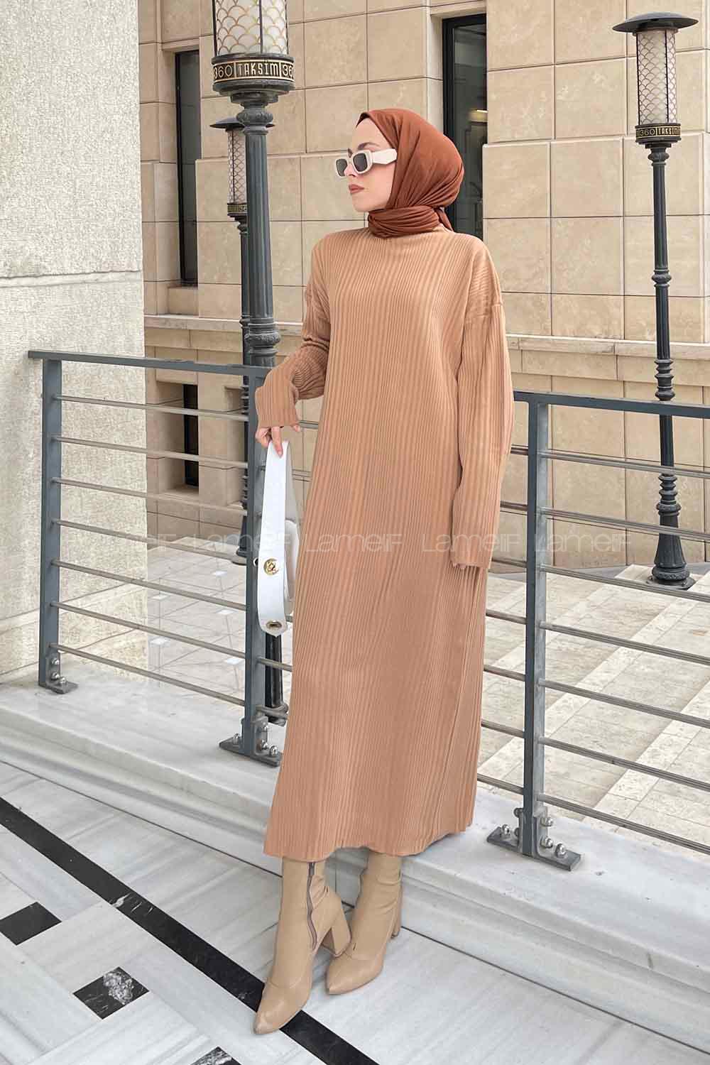 Lamelif Fitilli Triko Uzun Tesettür Elbise Sütlü Kahve