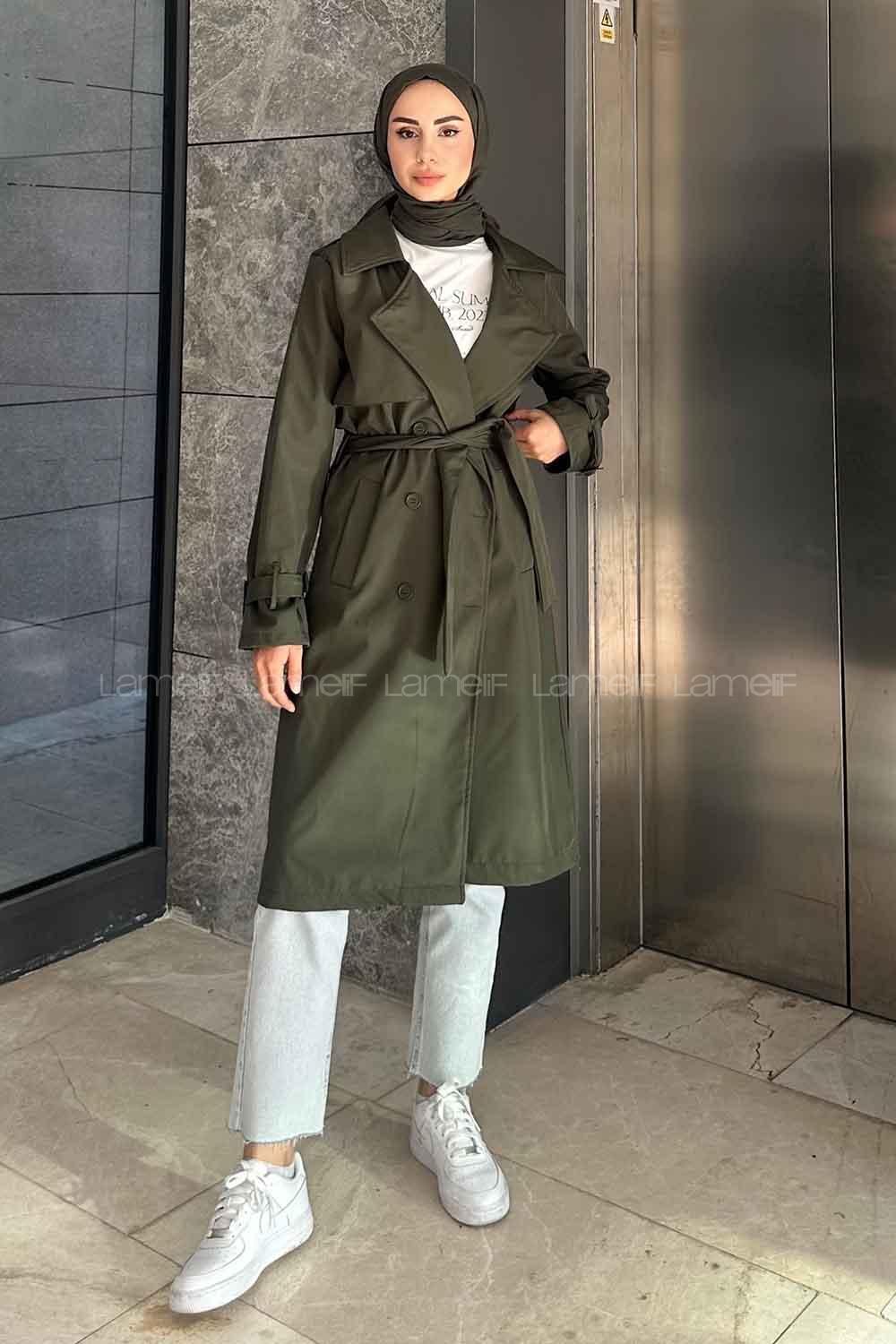 Khaki Long Arm Belted Cotton Trench Coat