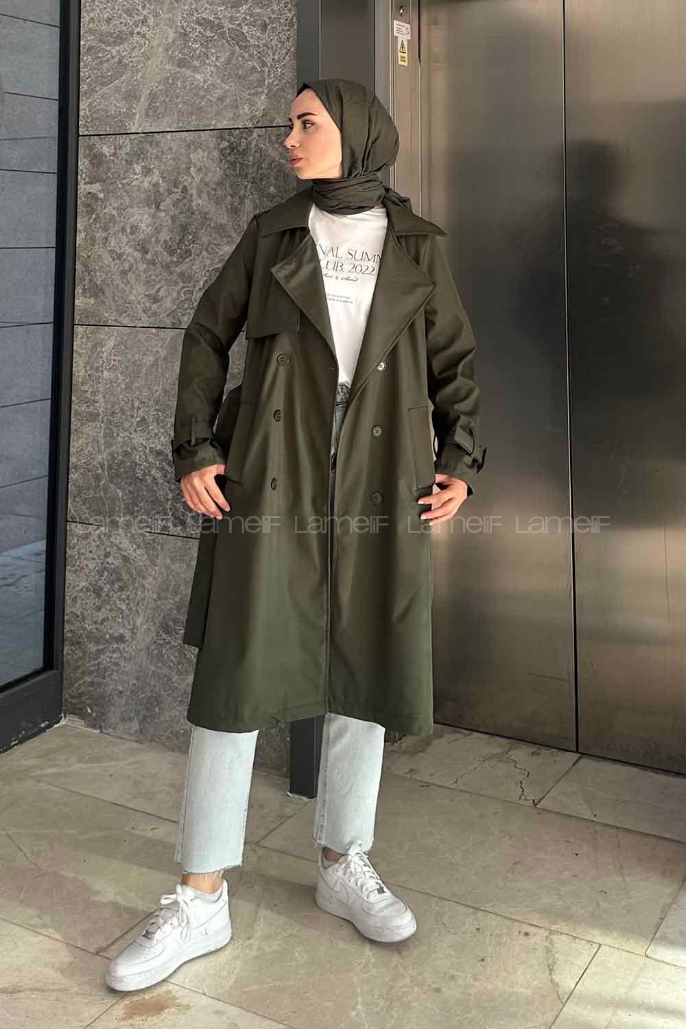 Khaki Long Arm Belted Cotton Trench Coat