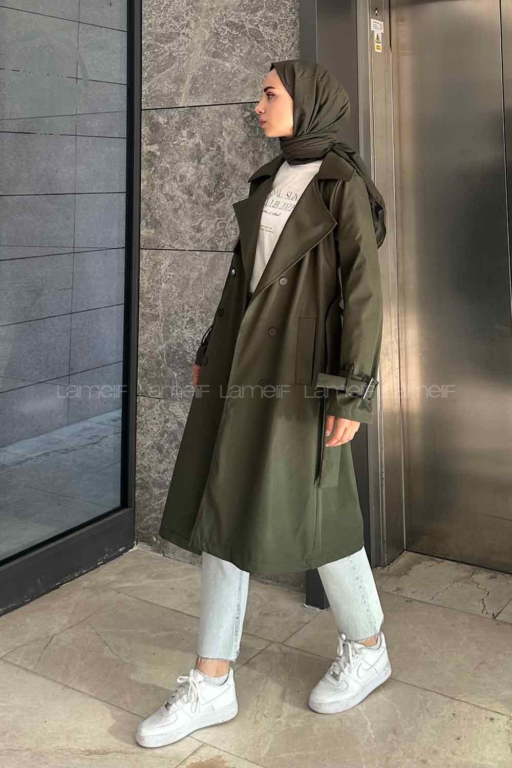 Khaki Long Arm Belted Cotton Trench Coat
