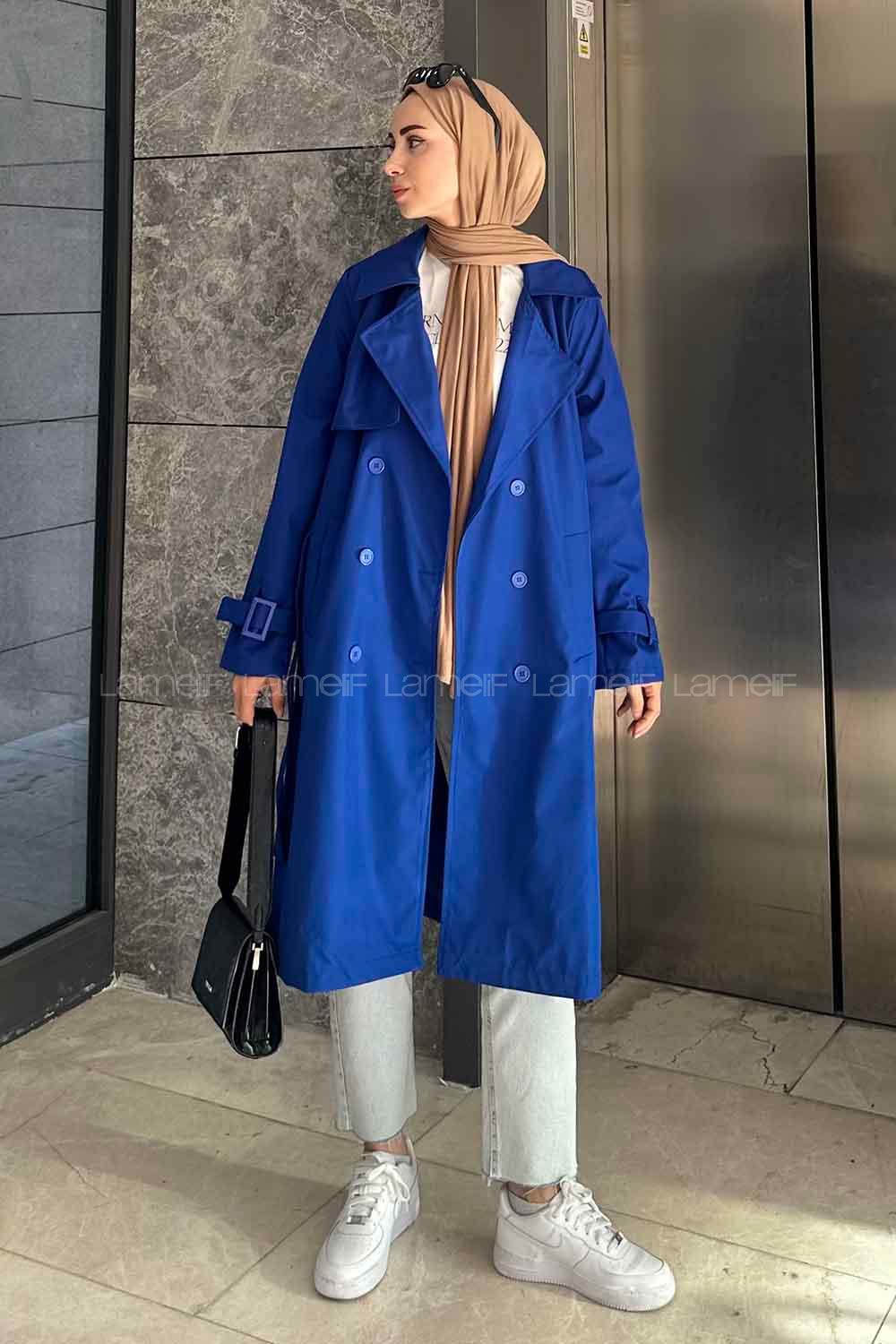 Lamelif Klasik Kuşaklı Trençkot Saks