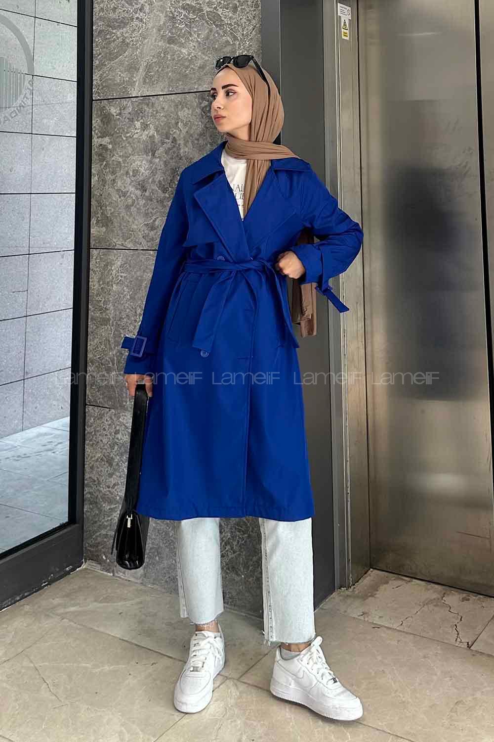 Lamelif Klasik Kuşaklı Trençkot Saks