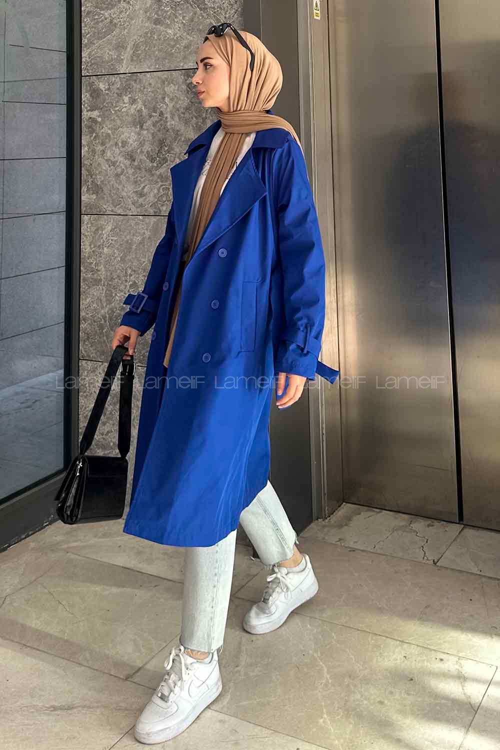 Lamelif Klasik Kuşaklı Trençkot Saks