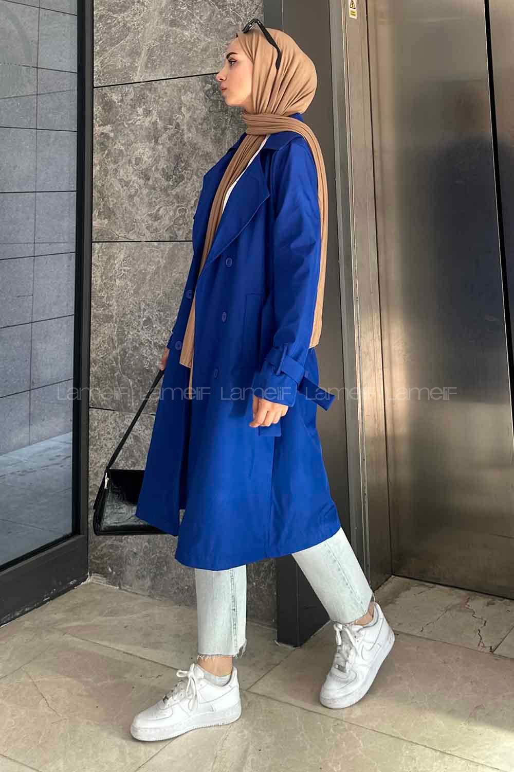 Lamelif Klasik Kuşaklı Trençkot Saks