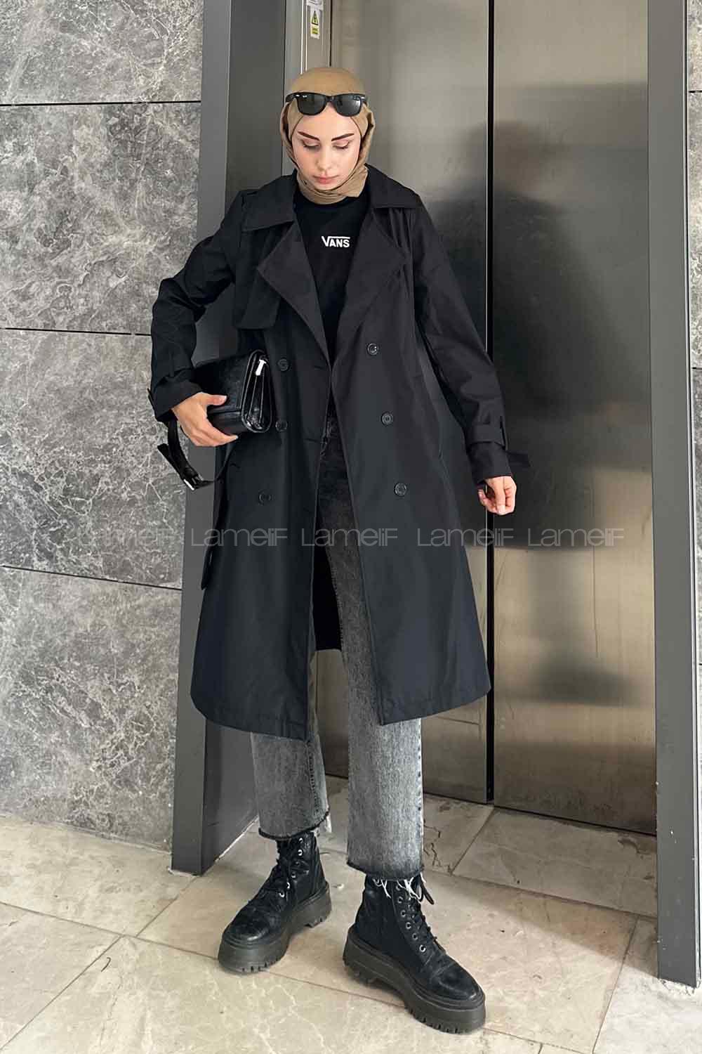 Black Long Arm Belted Cotton Trench Coat