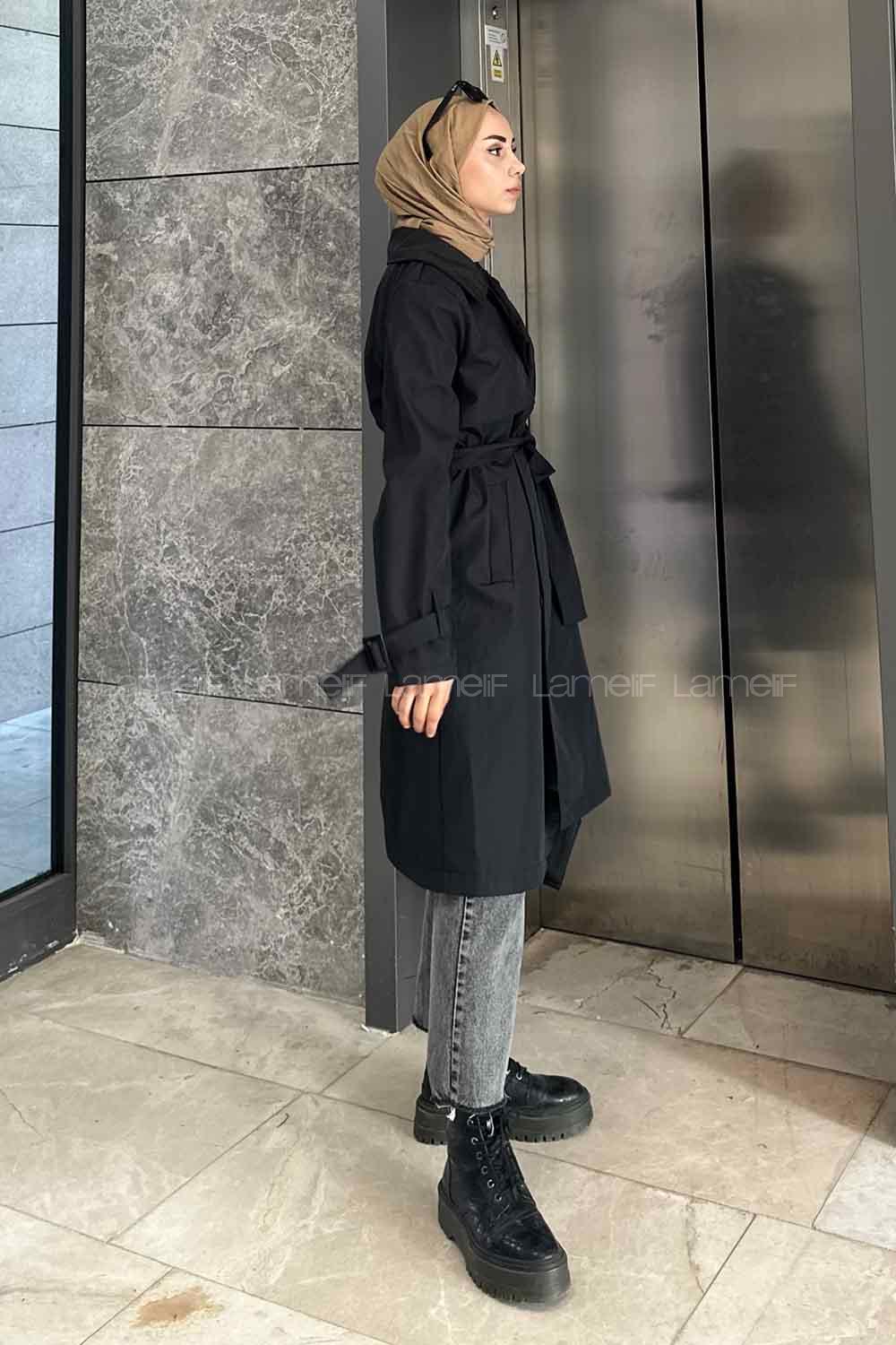 Black Long Arm Belted Cotton Trench Coat