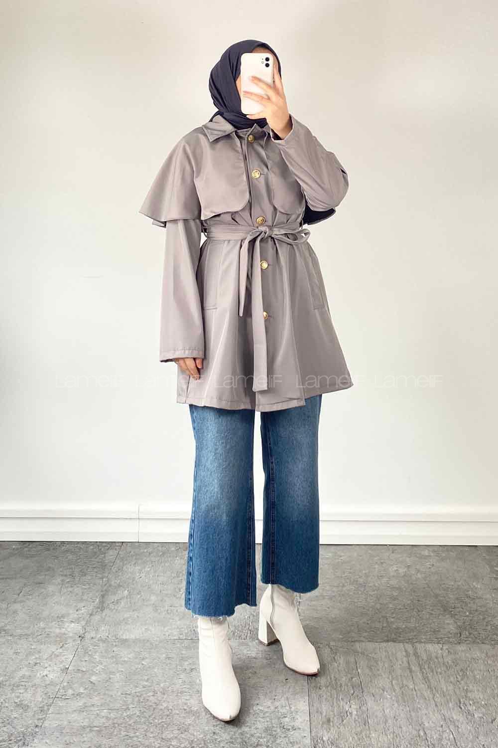 Lamelif Marnie Pelerin Detaylı Trençkot Gri