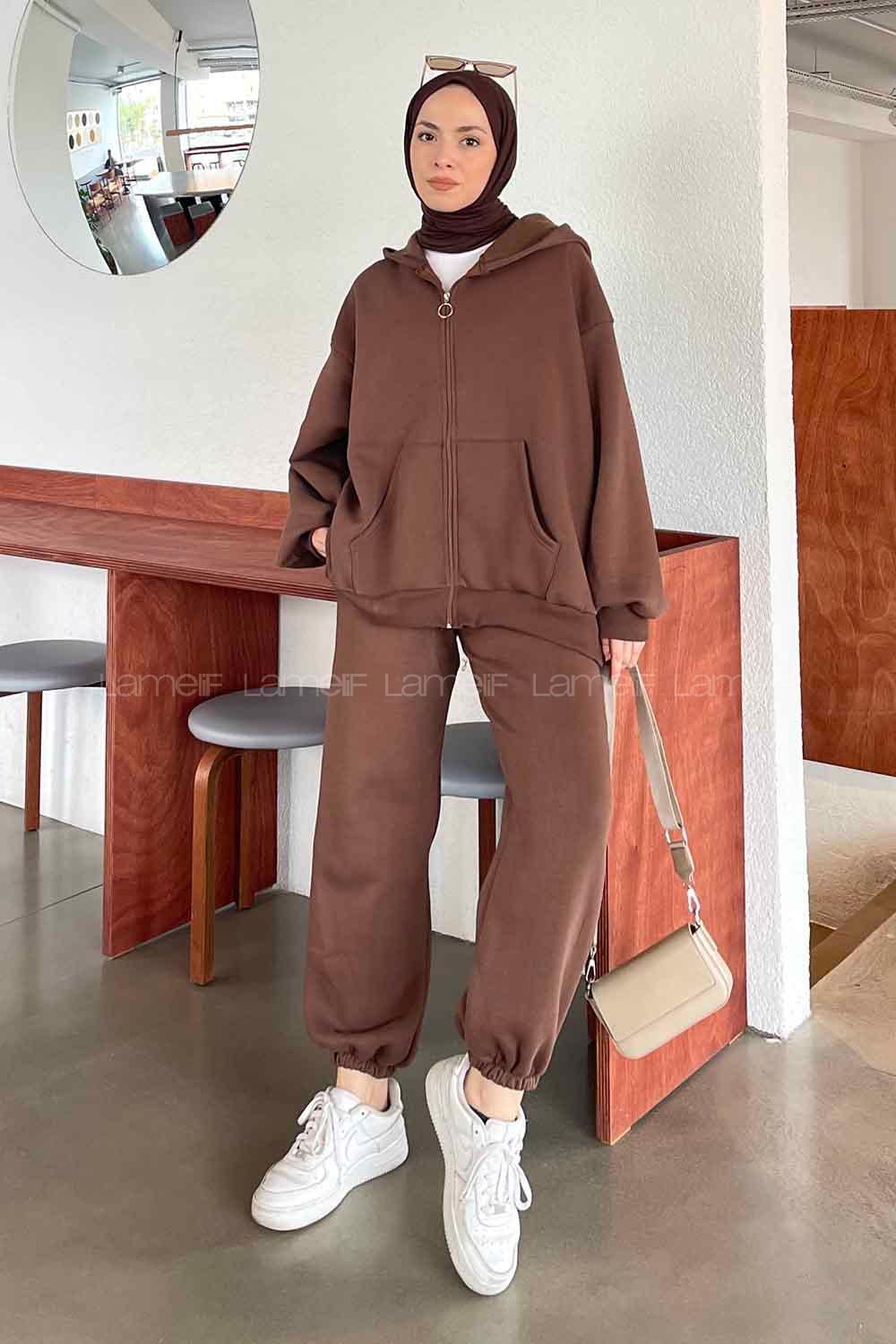 Lamelif Paça Lastikli Üç İplik Sweat Takım Acı Kahve