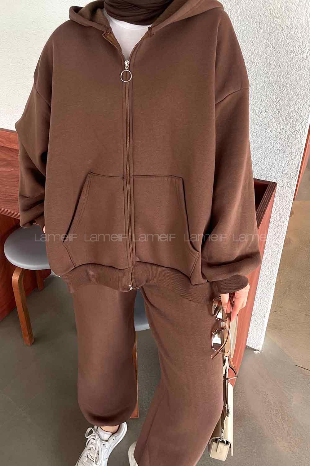 Lamelif Paça Lastikli Üç İplik Sweat Takım Acı Kahve